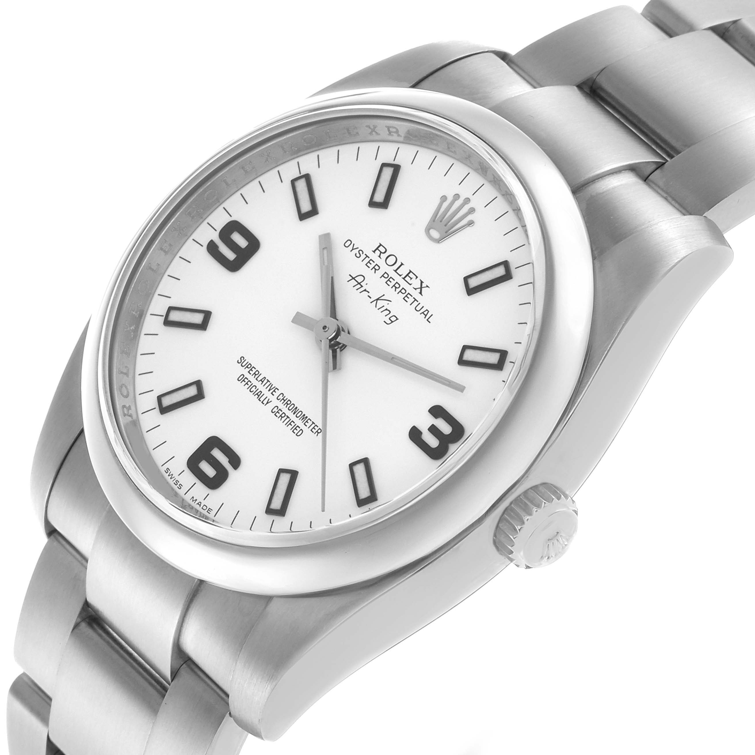 The Rolex Air-King 114200 Men's Stainless Steel White Dial watch is shown from a side angle, highlighting the dial, bezel, crown, and metal bracelet.