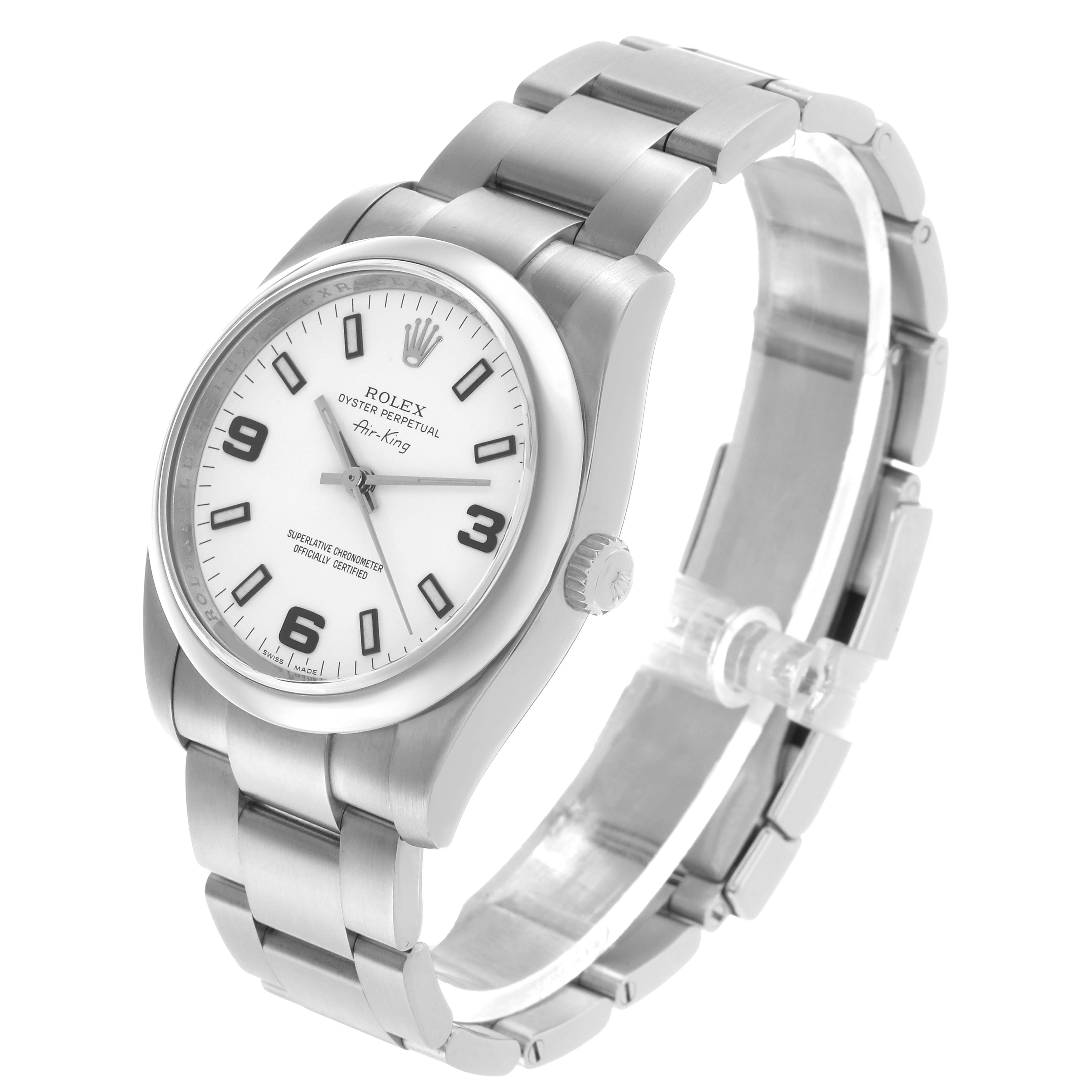 The Rolex Air-King 114200 Men's Stainless Steel White Dial watch is shown at a three-quarter angle, displaying the face, crown, and stainless steel bracelet.