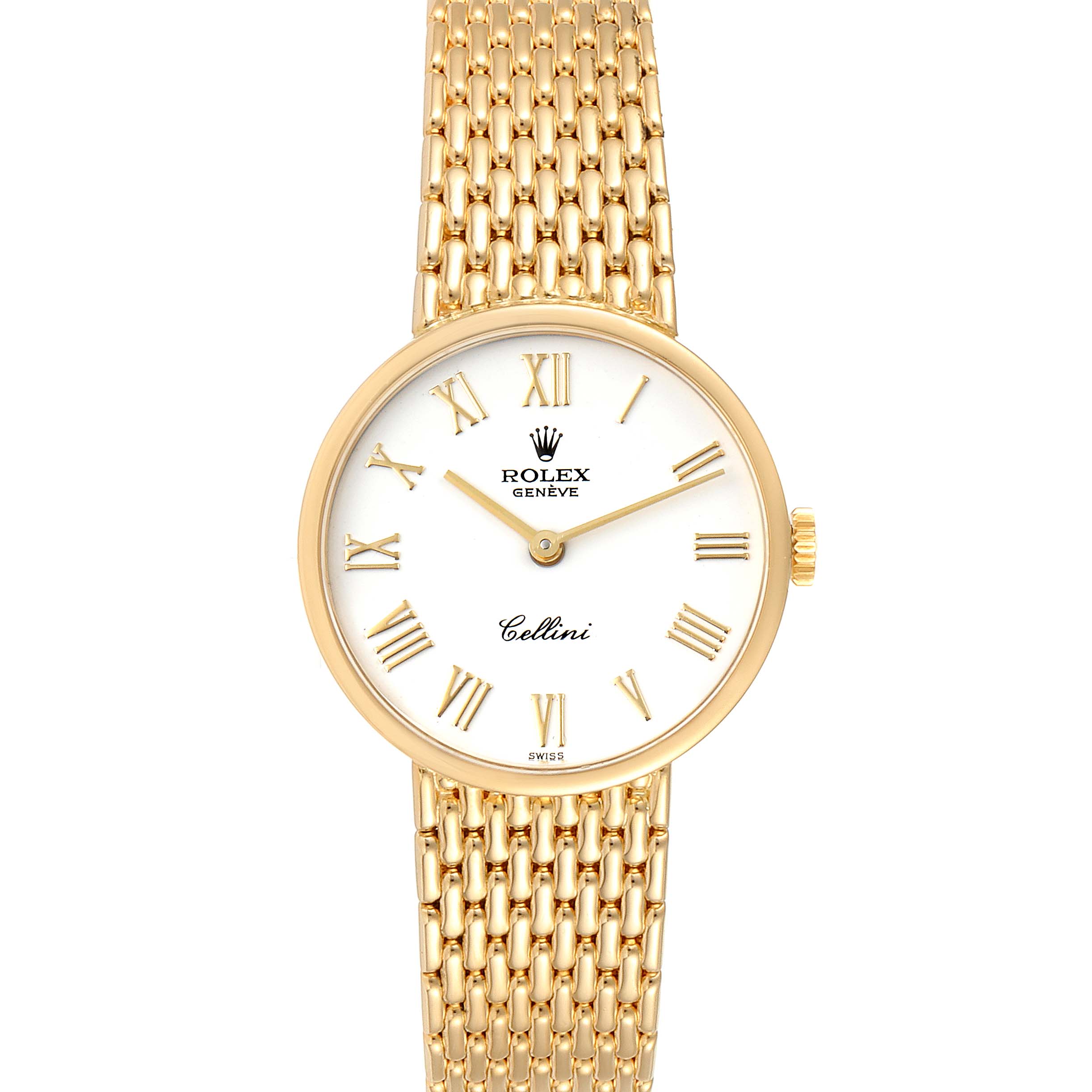 The image shows a front view of a Rolex Cellini 5109 Men's Yellow Gold White Dial 5109 Men's Yellow Gold White Dial watch, highlighting the dial, hands, case, and part of the gold bracelet.