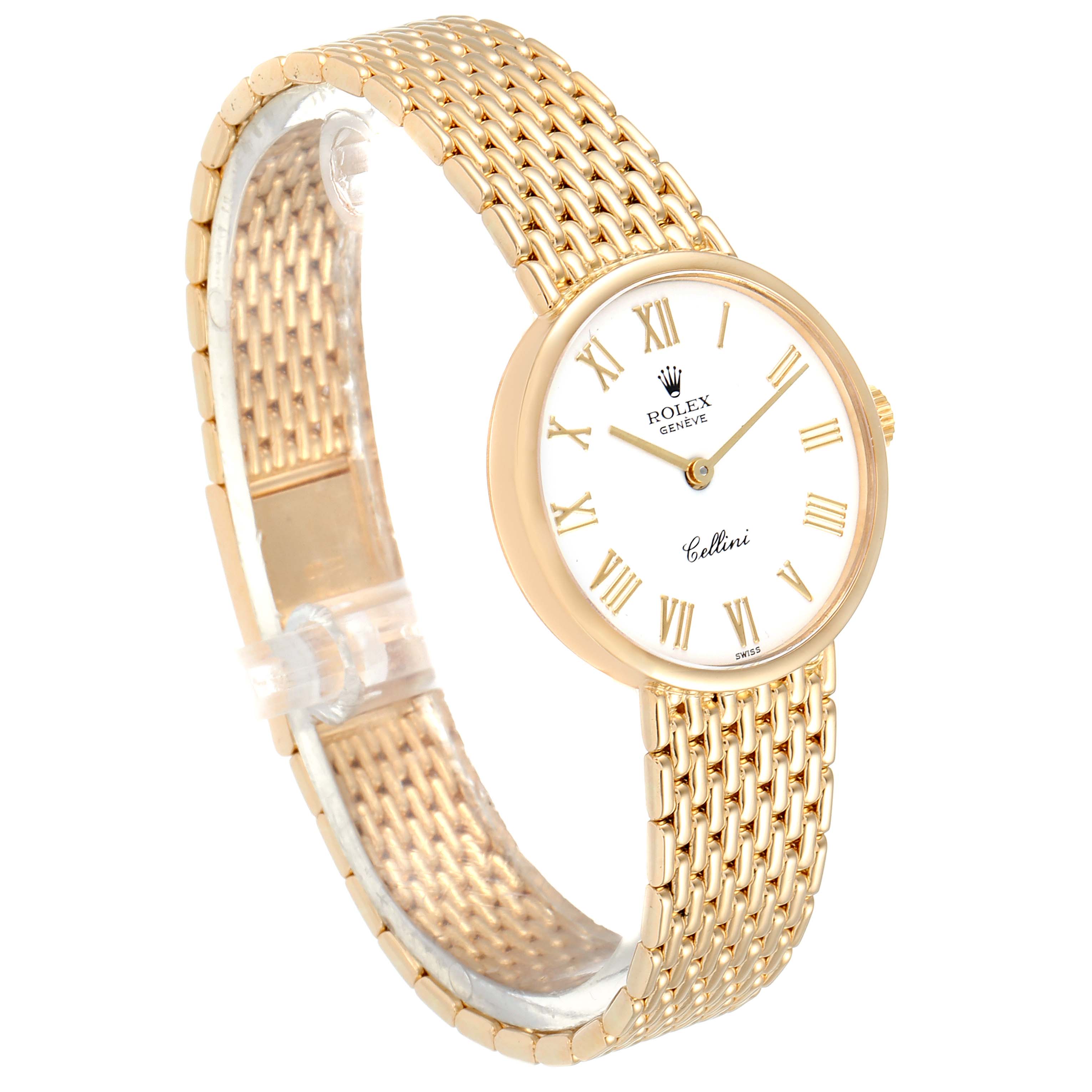 This image shows a Rolex Cellini 5109 Men's Yellow Gold White Dial 5109 Men's Yellow Gold White Dial watch at a three-quarter angle, highlighting its gold mesh band, round case, and white dial with Roman numerals.