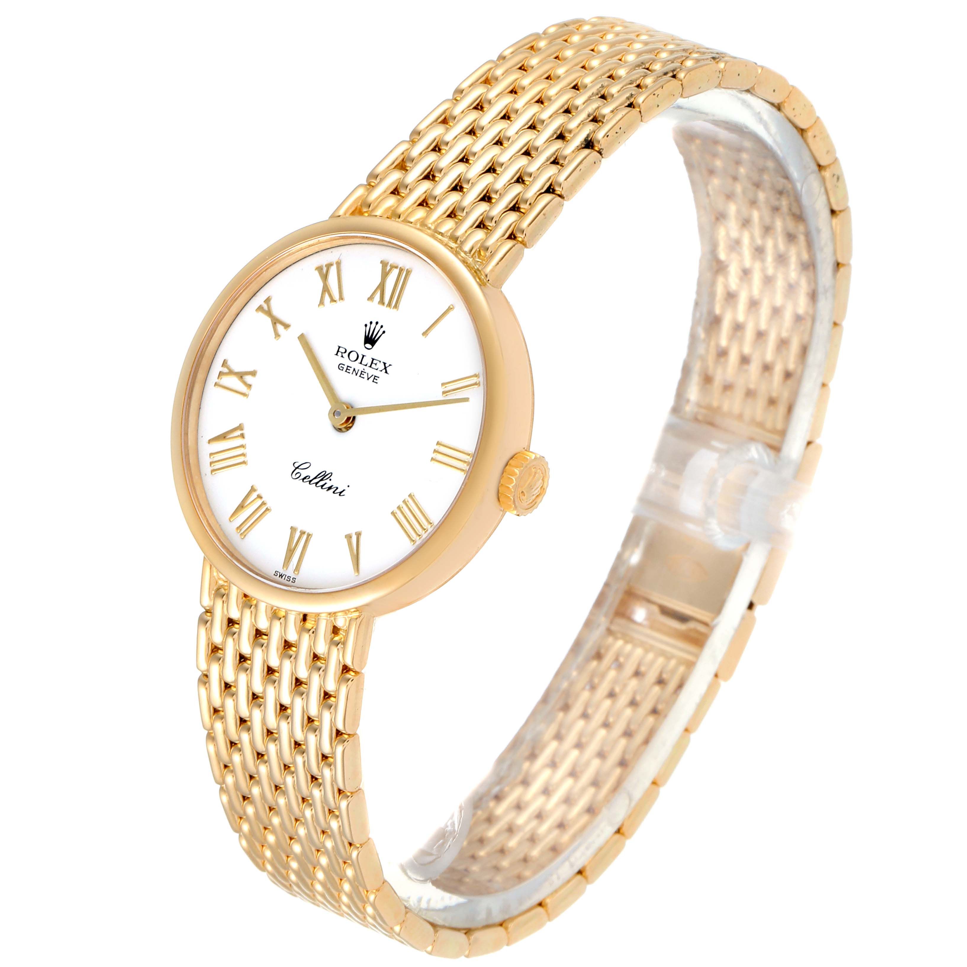 The image shows a Rolex Cellini 5109 Men's Yellow Gold White Dial 5109 Men's Yellow Gold White Dial watch at a three-quarter angle, highlighting its gold mesh bracelet and white dial with Roman numerals.