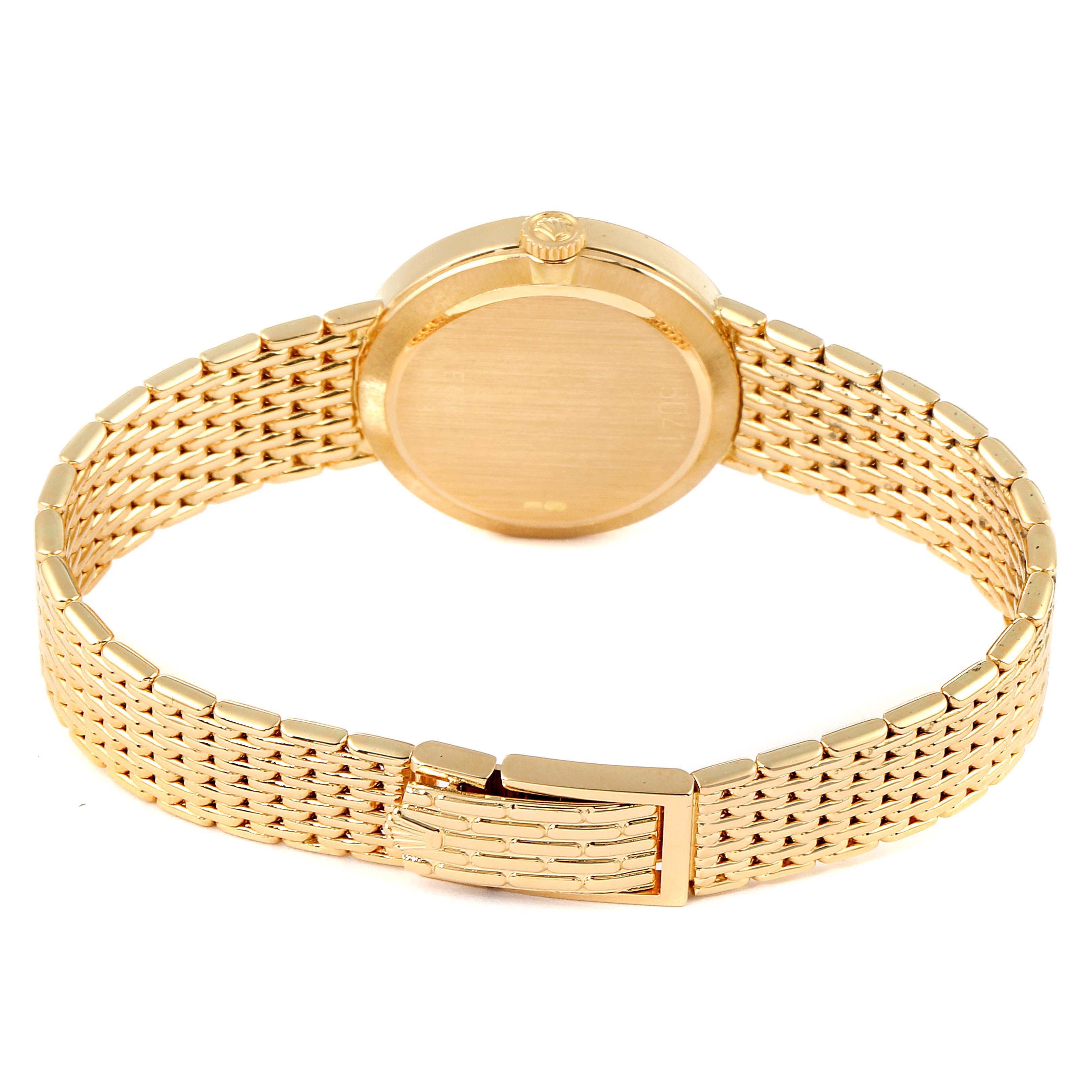 This image shows a Rolex Cellini 5109 Men's Yellow Gold White Dial 5109 Men's Yellow Gold White Dial watch from the rear, highlighting the back of the case, crown, and woven bracelet with a clasp.