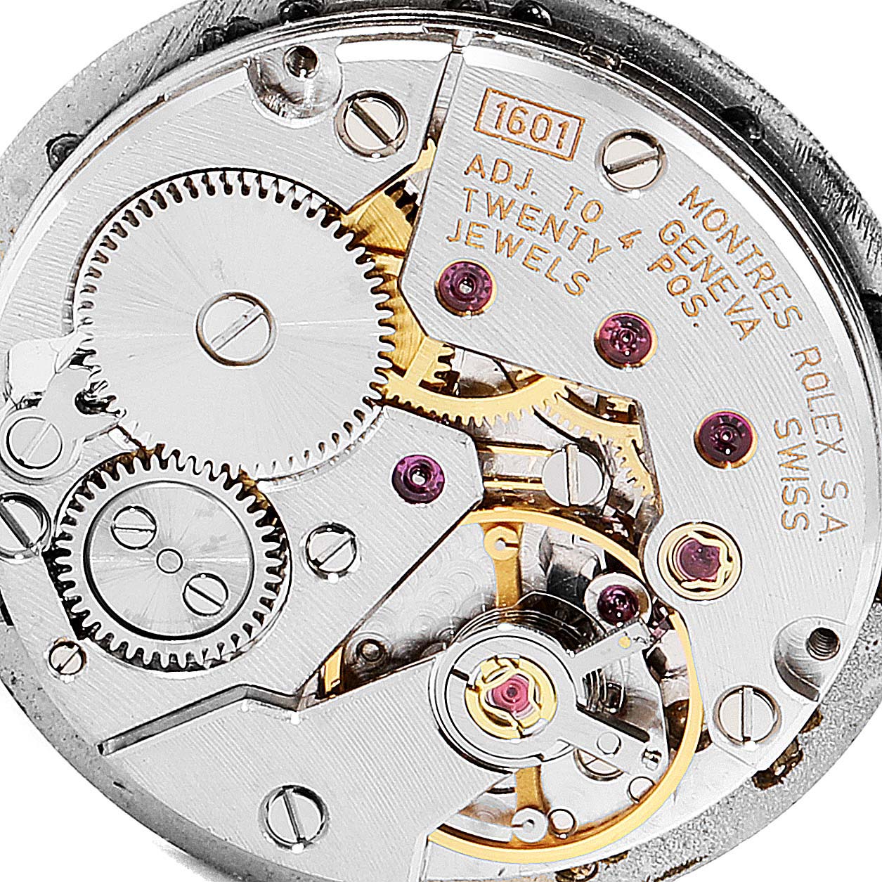 This image shows the inner mechanical movement of a Rolex Cellini 5109 Men's Yellow Gold White Dial 5109 Men's Yellow Gold White Dial watch, highlighting gears and jewels from an overhead angle.