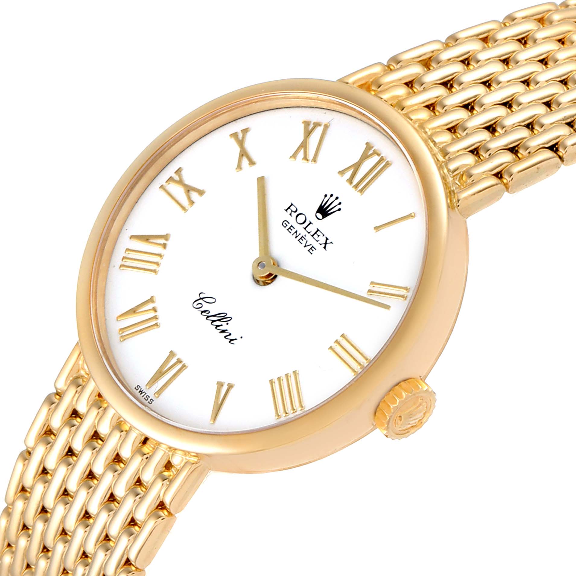 This image shows a close-up angle of a Rolex Cellini 5109 Men's Yellow Gold White Dial 5109 Men's Yellow Gold White Dial watch featuring its dial, case, and part of the bracelet.