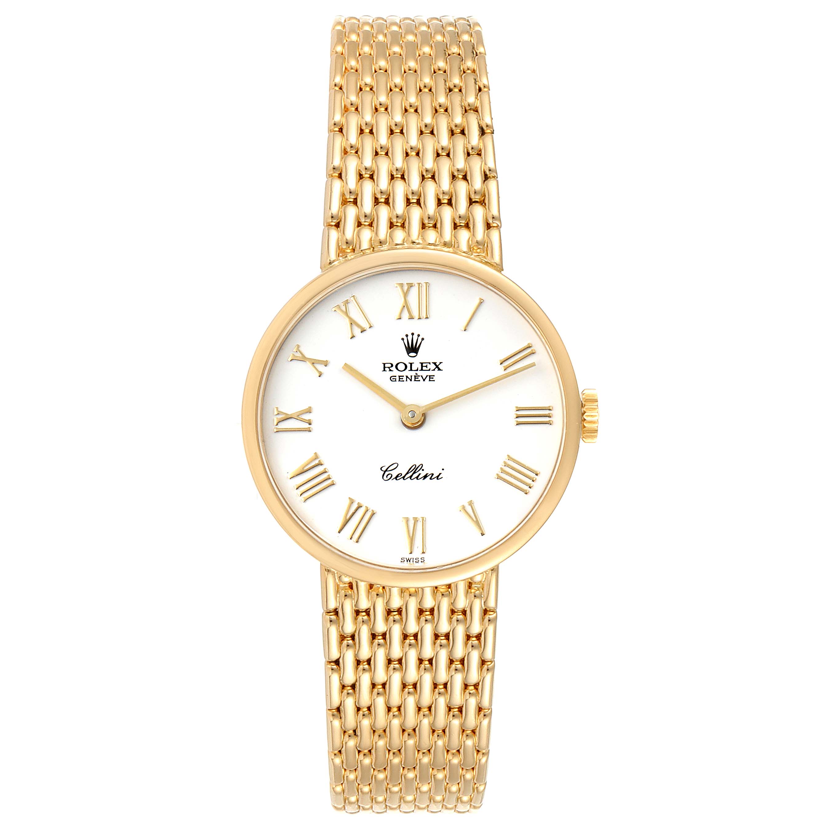 The Rolex Cellini 5109 Men's Yellow Gold White Dial 5109 Men's Yellow Gold White Dial watch is shown from a front angle, displaying its gold bracelet, white dial, and Roman numerals.