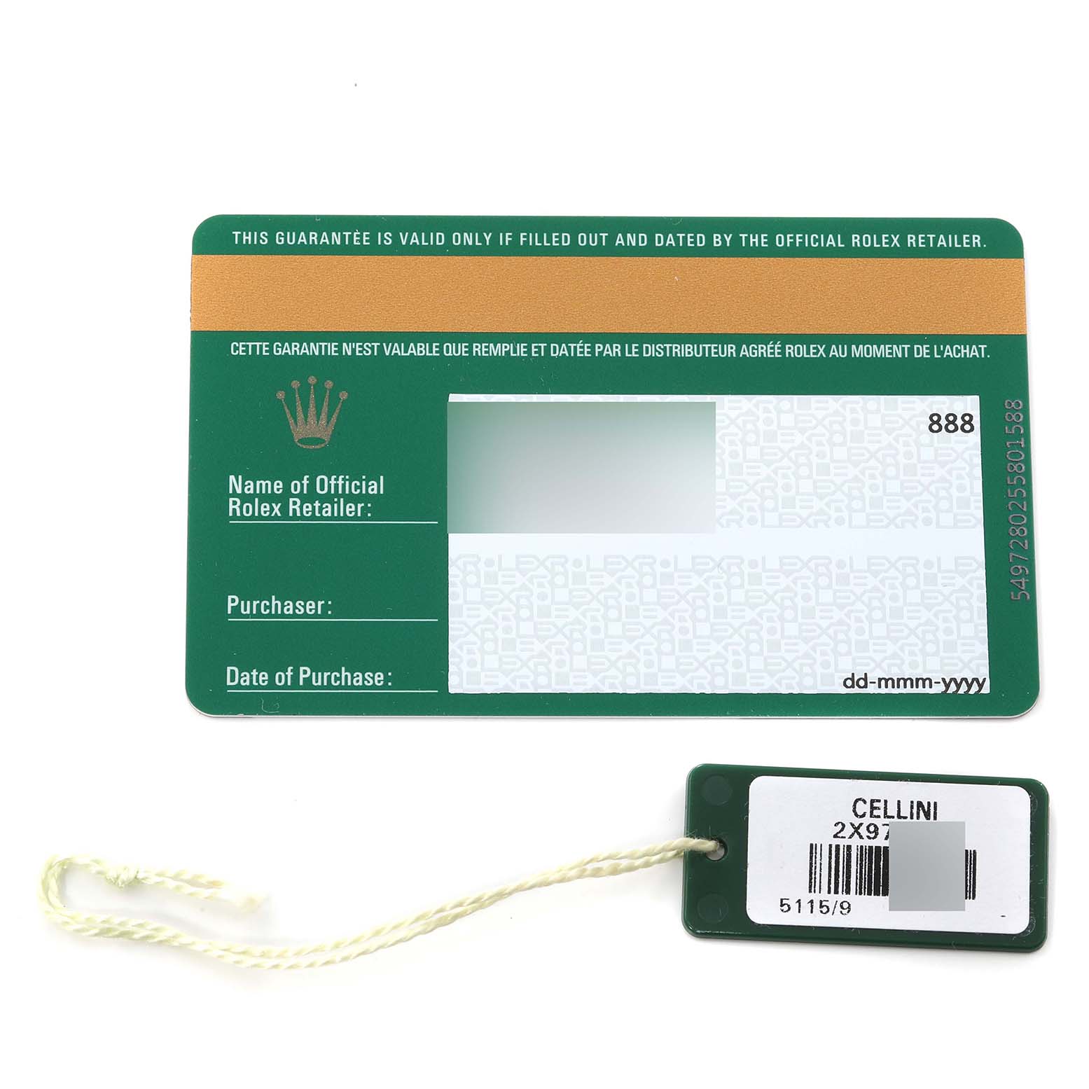 The image shows a Rolex Cellini 5115/9 Men
s White Gold Silver Dial 5115/9 Men
s White Gold Silver Dial model warranty card and a tag with the model information.