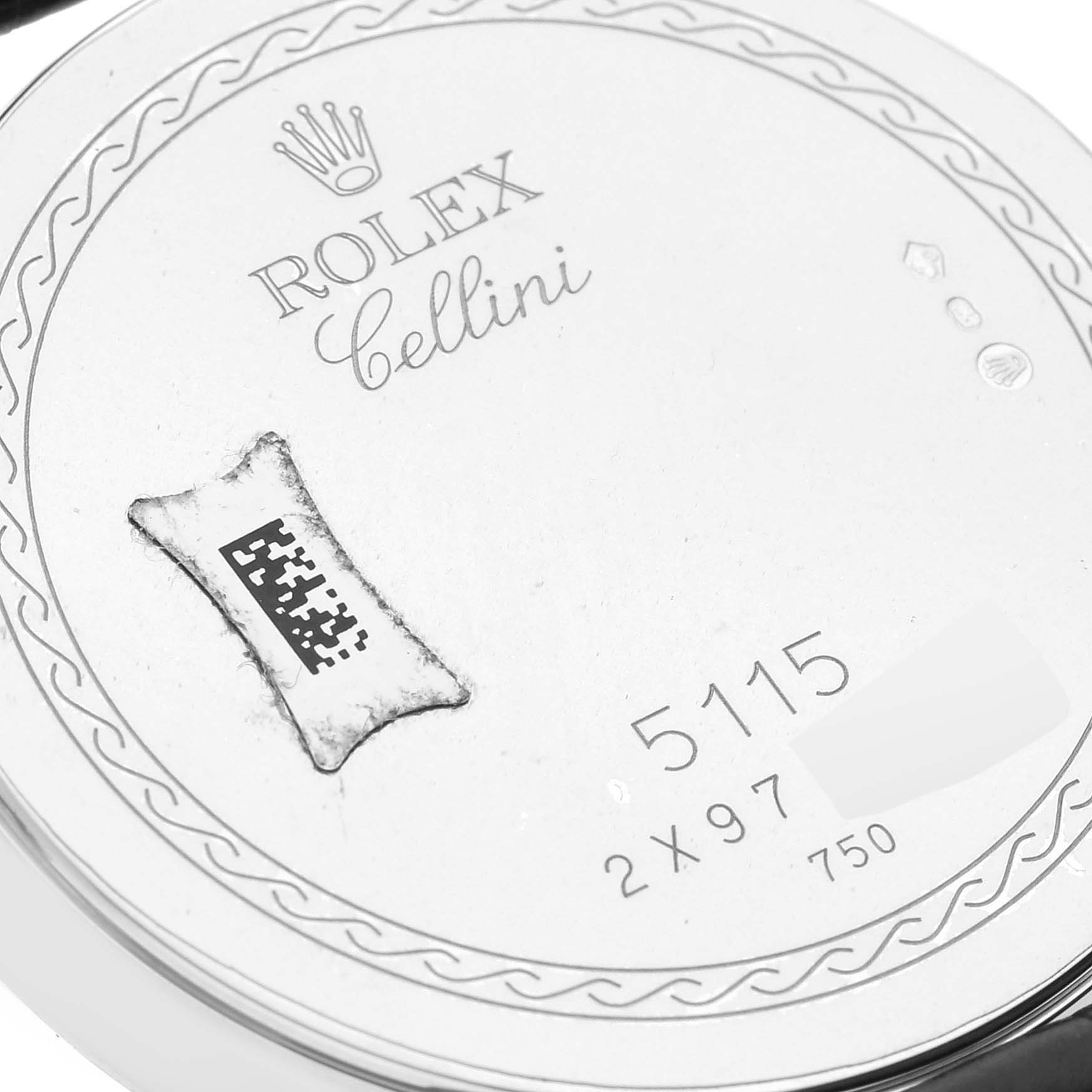 This image shows the engraved back of a Rolex Cellini 5115/9 Men
s White Gold Silver Dial 5115/9 Men
s White Gold Silver Dial model watch, emphasizing the brand name, model number (5115), and hallmarks.