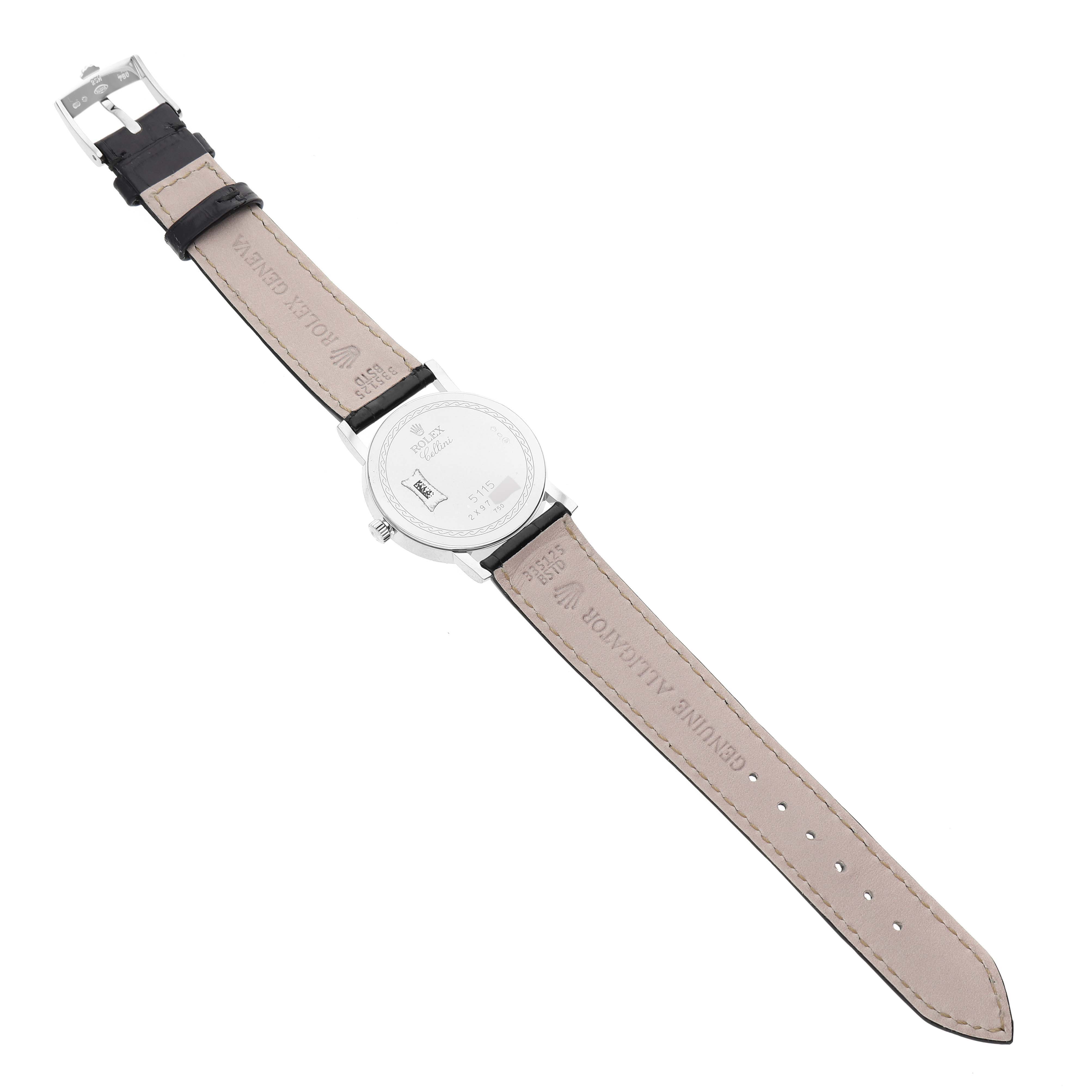 The image shows the back view of a Rolex Cellini 5115/9 Men
s White Gold Silver Dial 5115/9 Men
s White Gold Silver Dial watch with its leather straps fully extended.