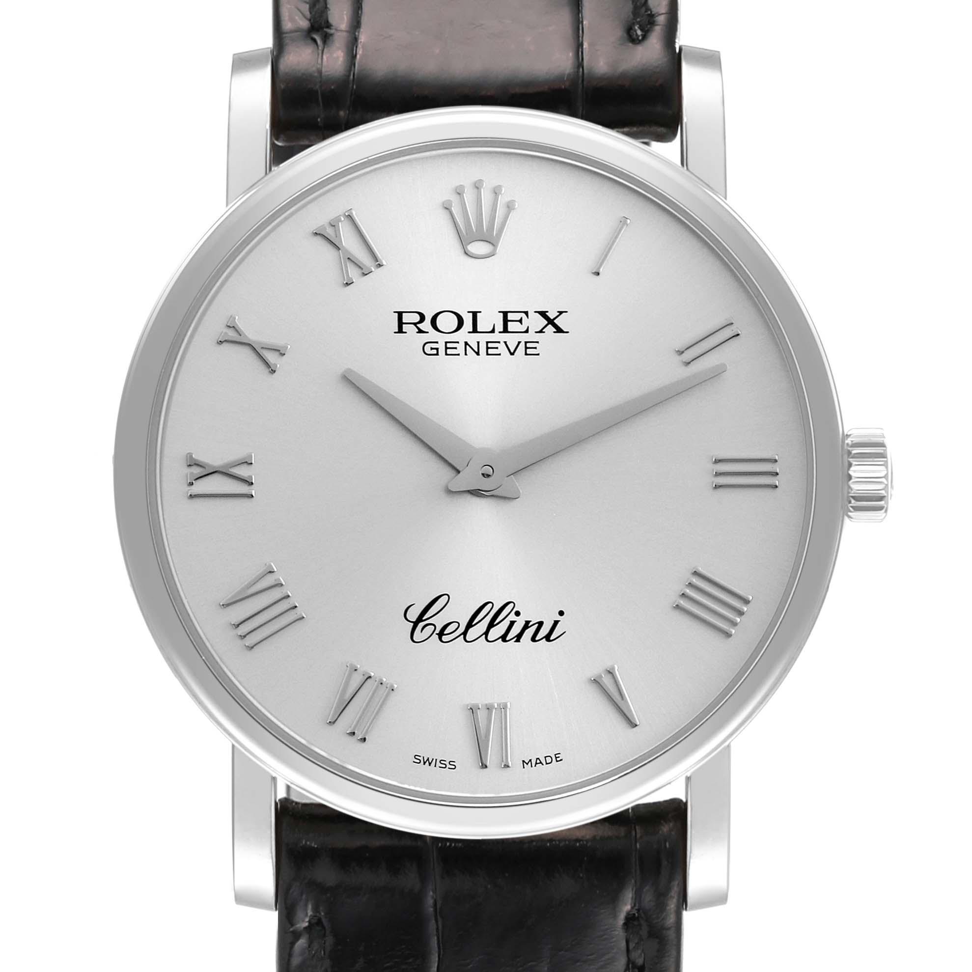 The Rolex Cellini 5115/9 Men
s White Gold Silver Dial 5115/9 Men
s White Gold Silver Dial watch is shown from the front, displaying its face, hands, crown, and part of the strap.