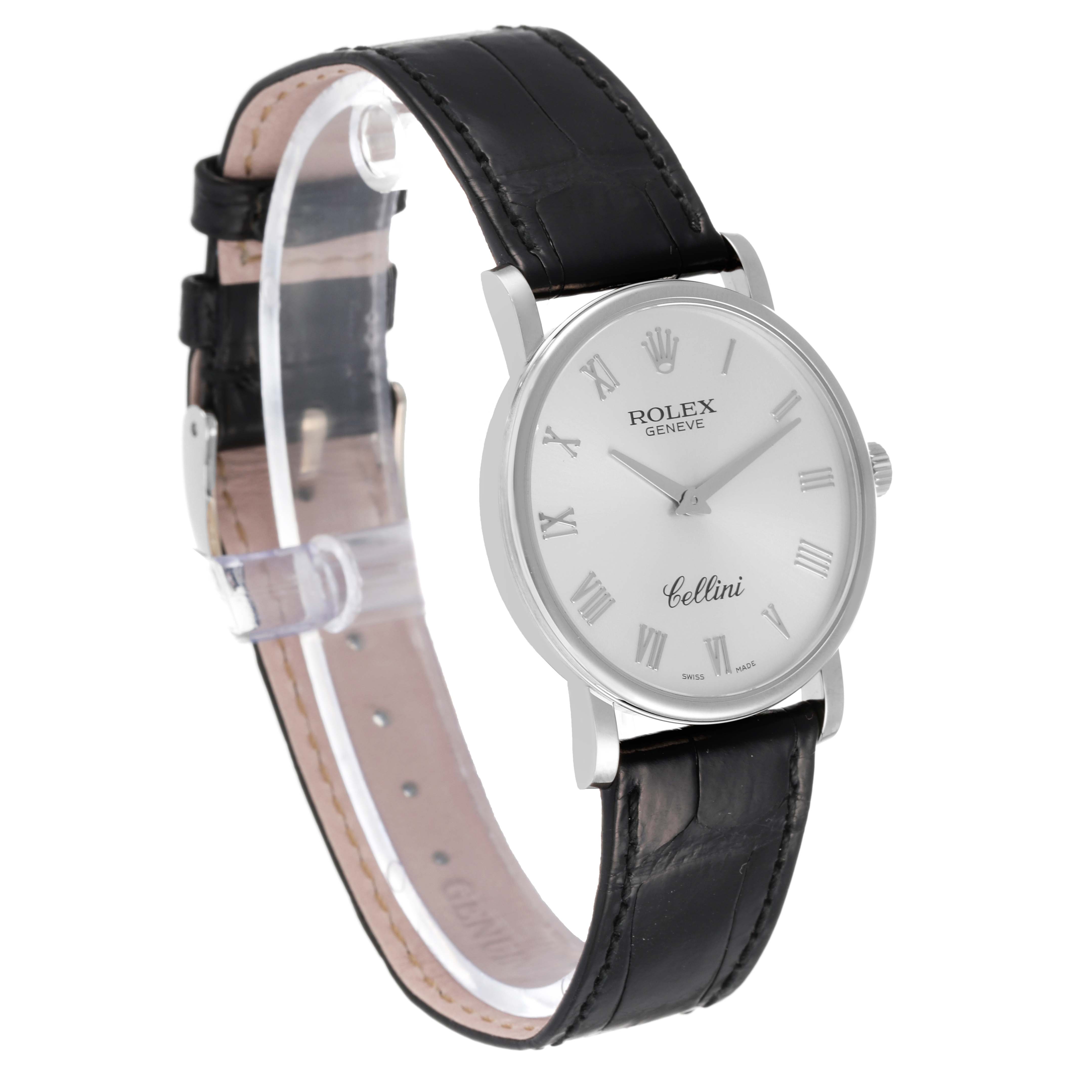 The Rolex Cellini 5115/9 Men
s White Gold Silver Dial 5115/9 Men
s White Gold Silver Dial watch is shown at a three-quarter angle, displaying the face, case, and black leather strap.