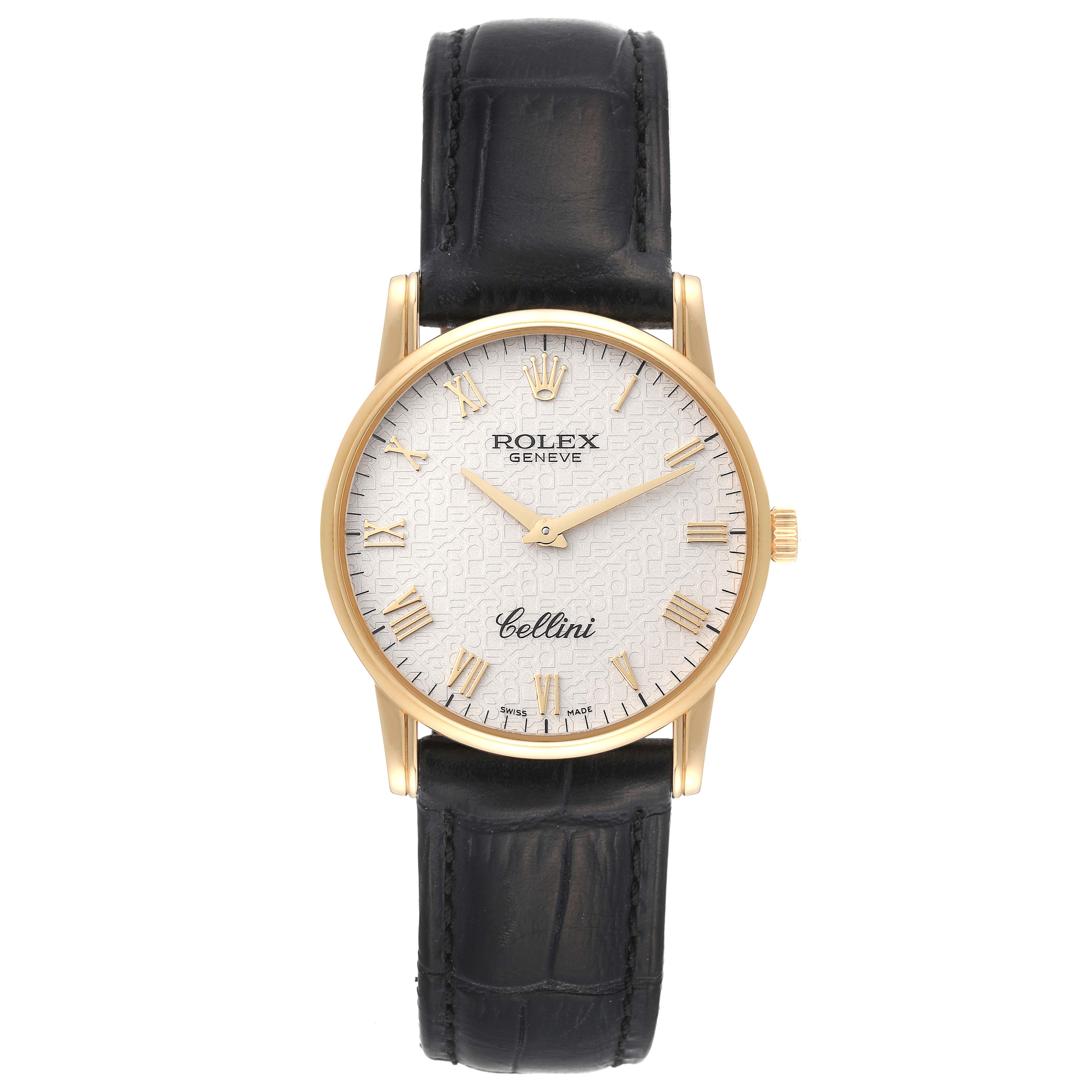 The Rolex Cellini 5116/8 Men's Yellow Gold Beige Dial 5116/8 Men's Yellow Gold Beige Dial watch is shown from the front, highlighting the dial, hands, and leather strap.