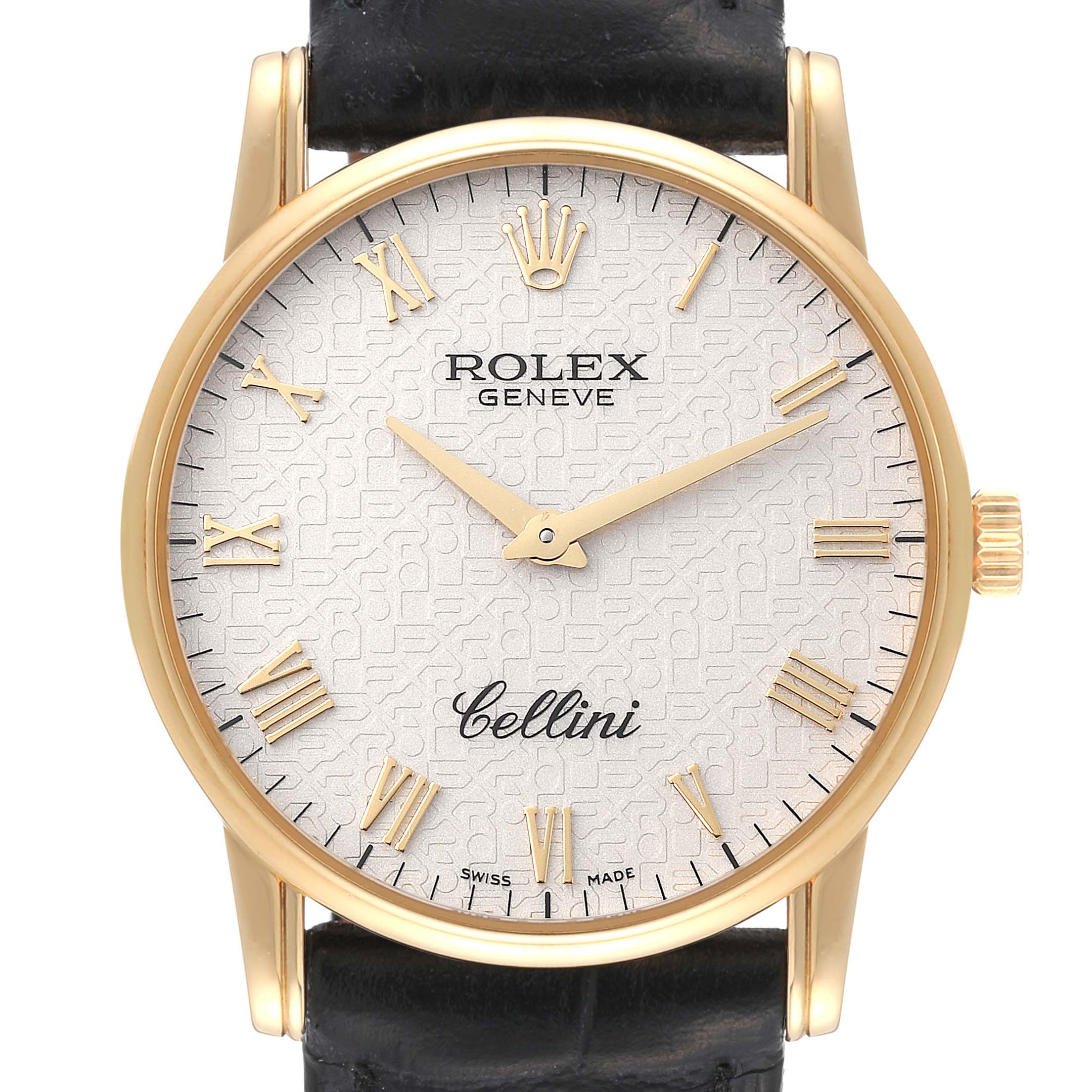 The image shows a front view of the Rolex Cellini 5116/8 Men's Yellow Gold Beige Dial 5116/8 Men's Yellow Gold Beige Dial watch, highlighting its dial, markers, hands, crown, and leather strap.