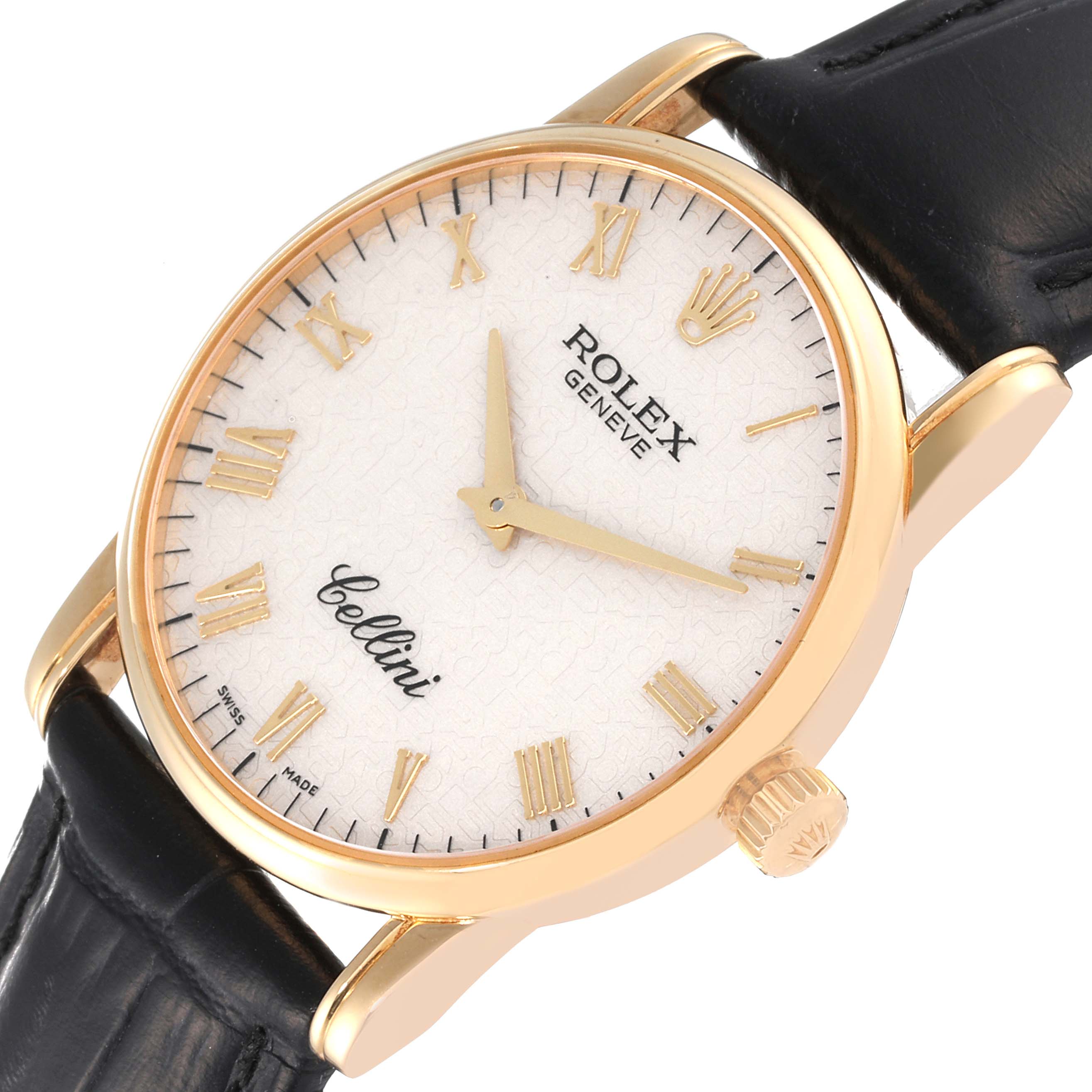 The Rolex Cellini 5116/8 Men's Yellow Gold Beige Dial 5116/8 Men's Yellow Gold Beige Dial watch is shown at a slight angle, highlighting its white dial, gold hands, Roman numerals, crown, and black leather strap.