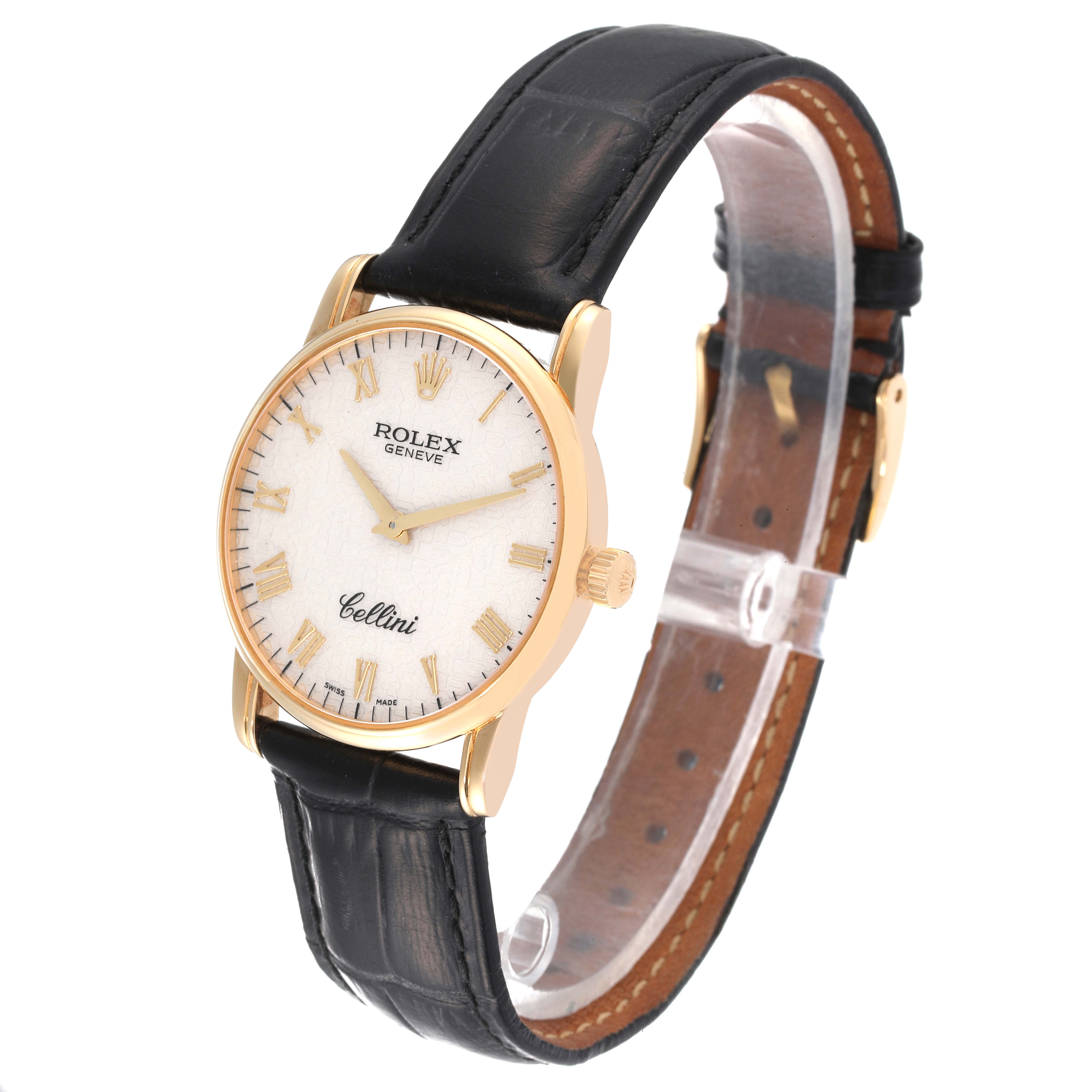 The image shows a Rolex Cellini 5116/8 Men's Yellow Gold Beige Dial 5116/8 Men's Yellow Gold Beige Dial watch viewed from an angled perspective, highlighting its face and leather strap.