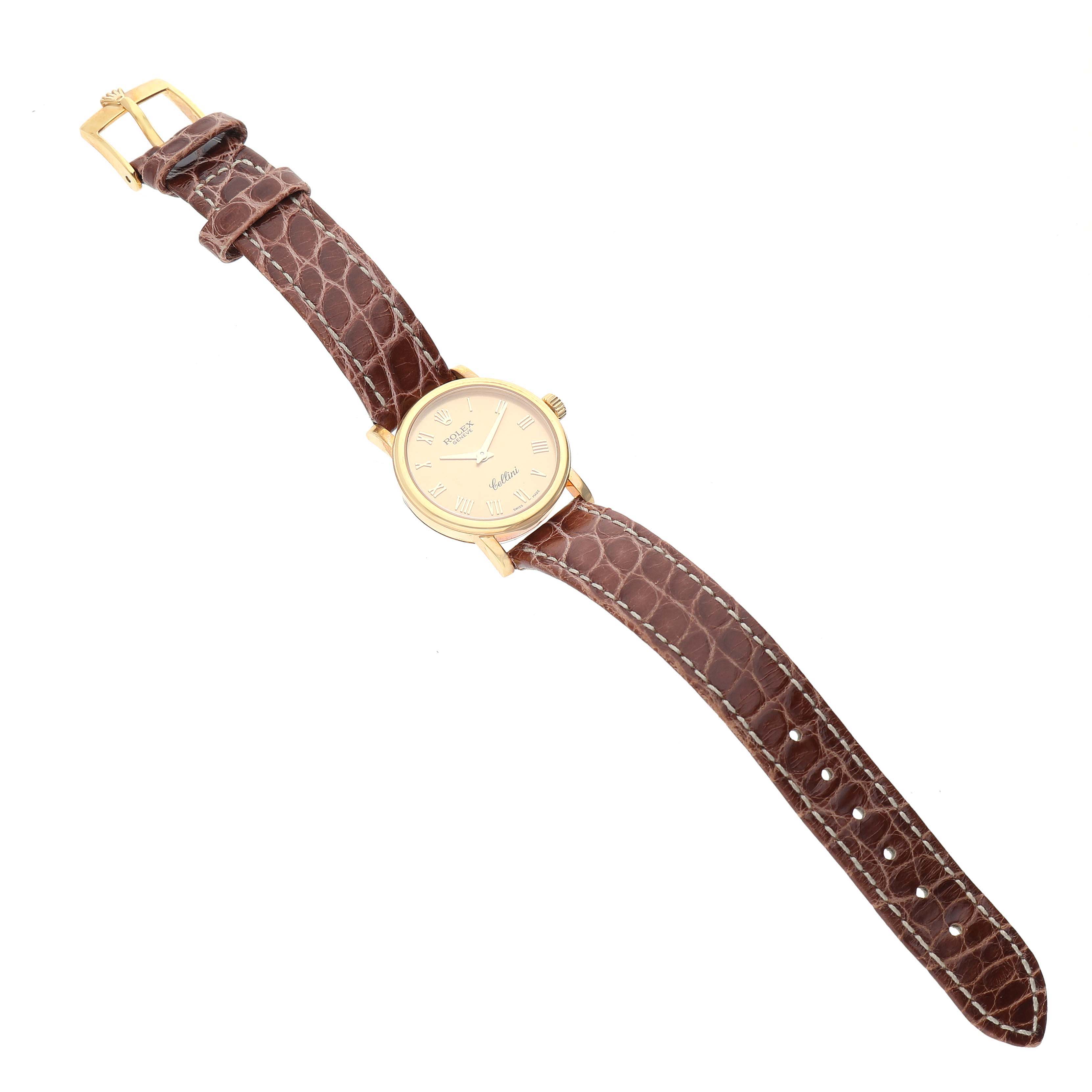 The Rolex Cellini 6110/8 Women's Yellow Gold Champagne Dial 6110/8 Women's Yellow Gold Champagne Dial watch is shown from a top view, displaying the face, crown, case, and brown leather strap with a buckle.