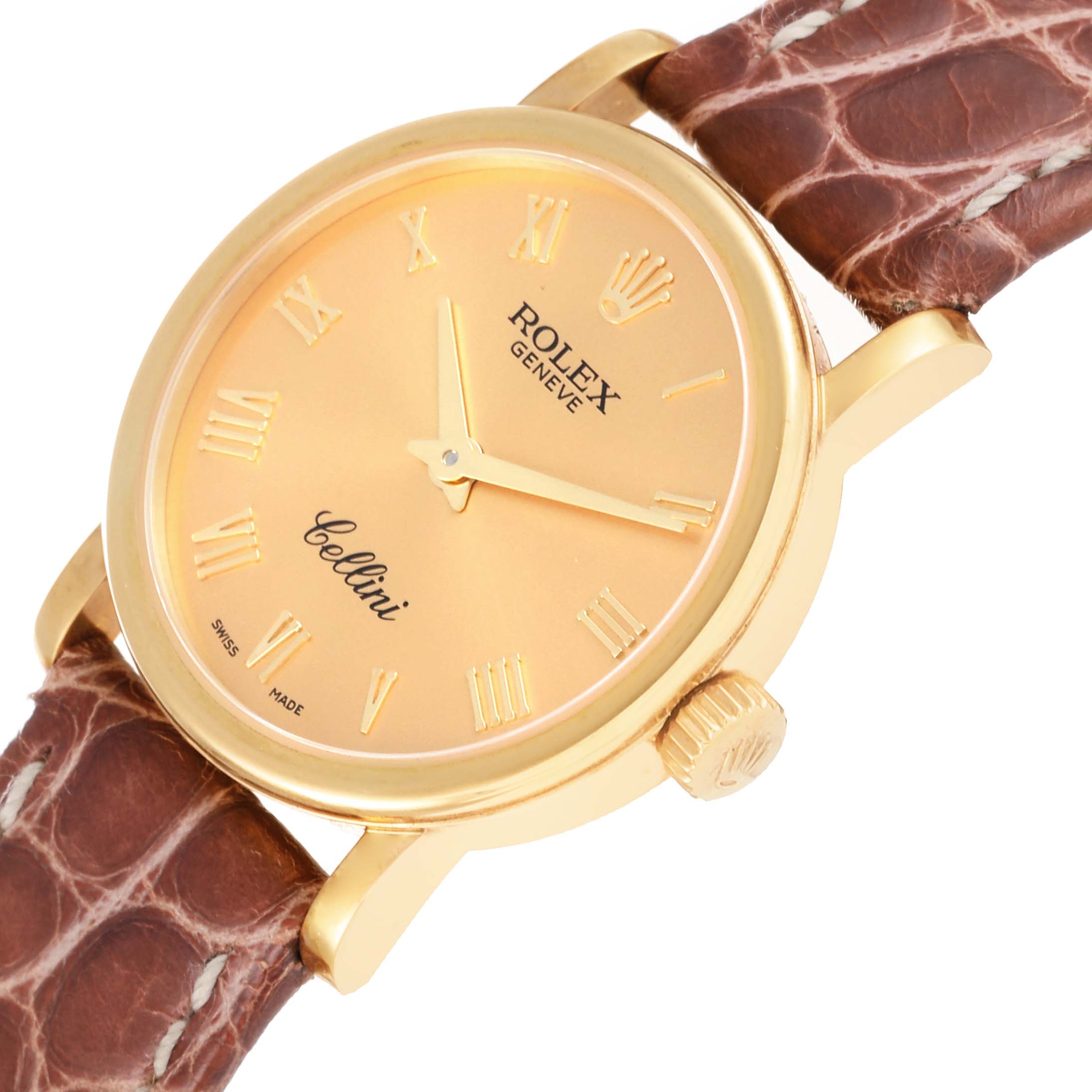 The image shows a Rolex Cellini 6110/8 Women's Yellow Gold Champagne Dial 6110/8 Women's Yellow Gold Champagne Dial watch at an angled close-up, highlighting the dial, case, crown, and leather strap.