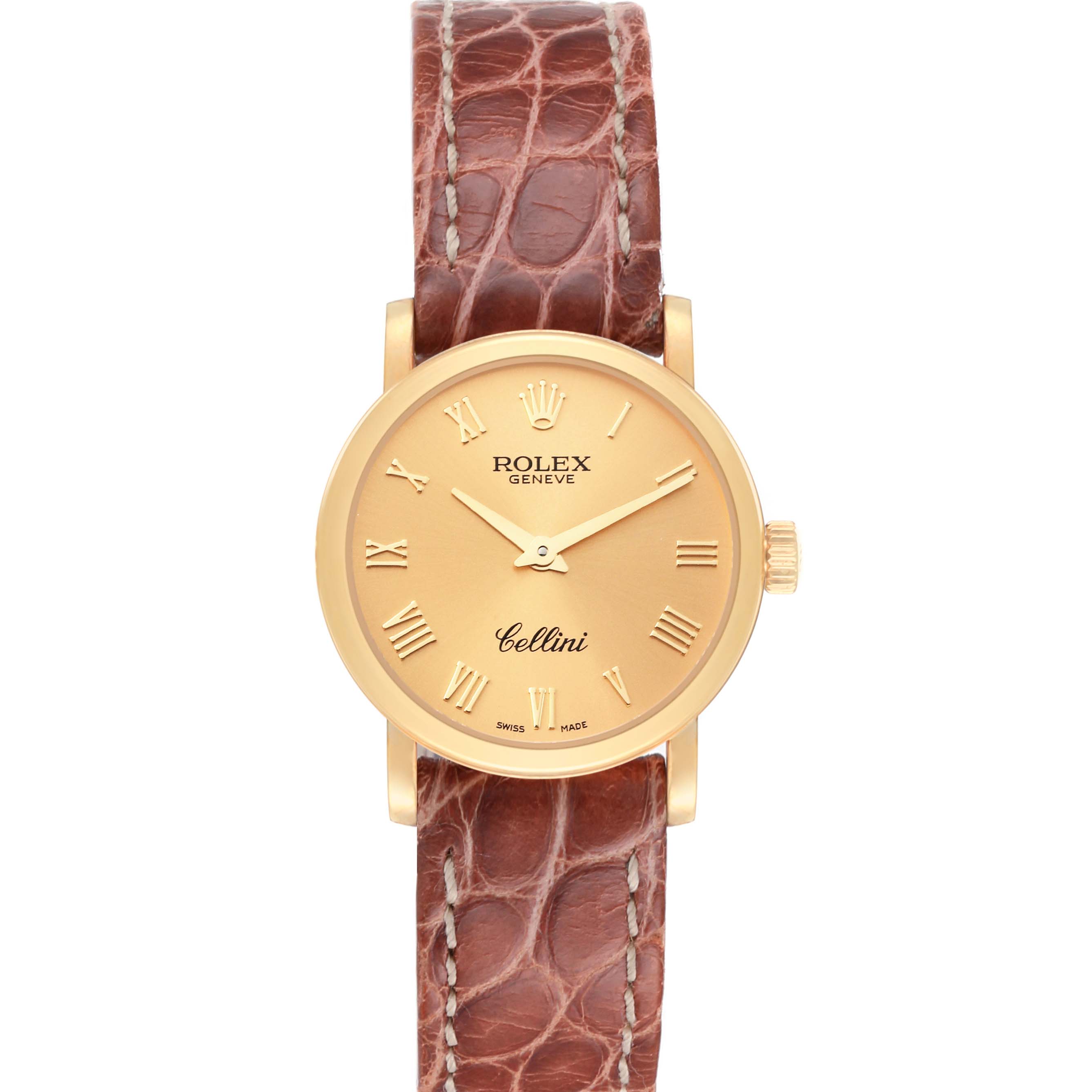 The Rolex Cellini 6110/8 Women's Yellow Gold Champagne Dial 6110/8 Women's Yellow Gold Champagne Dial watch is shown from the front, displaying the face, dial, and leather strap.