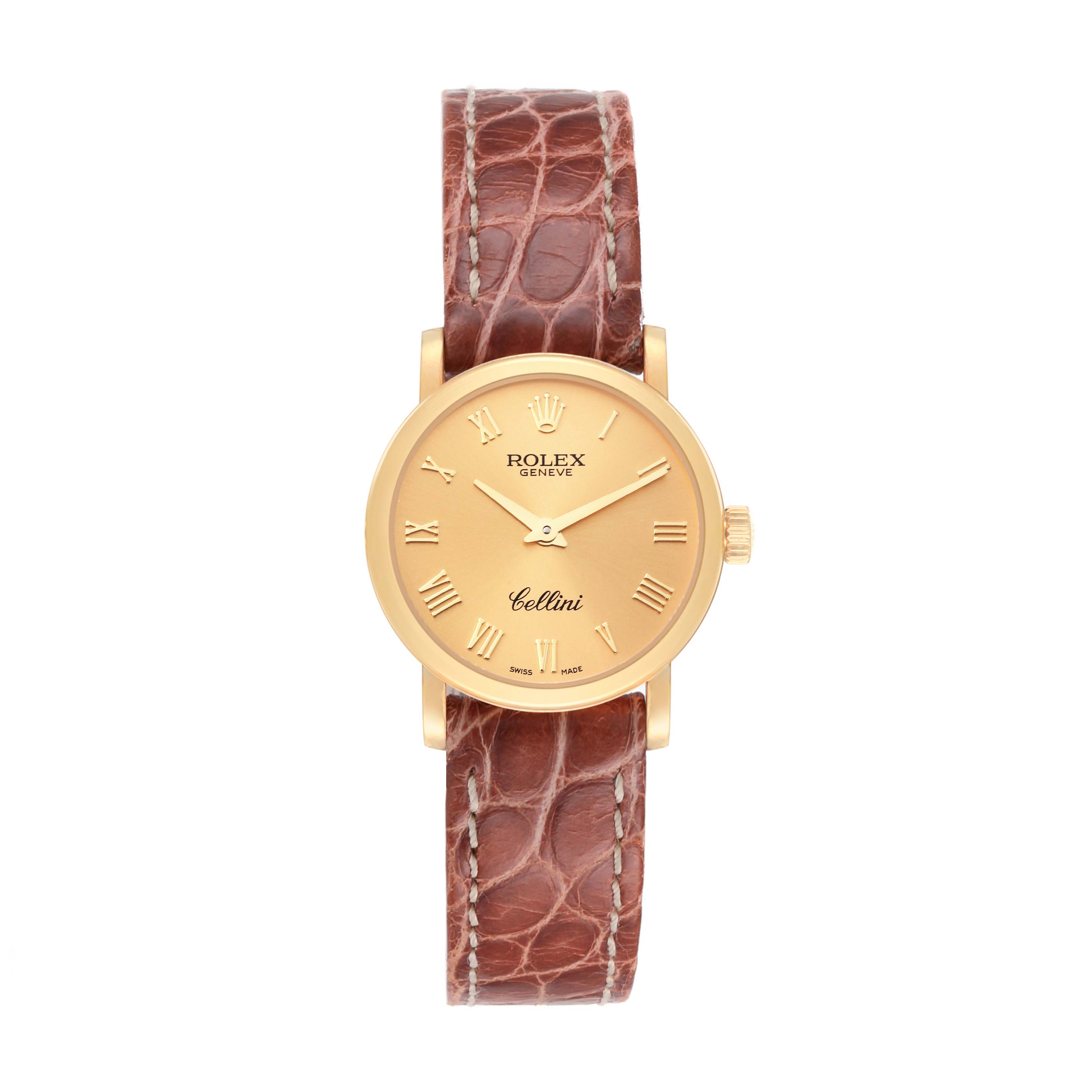 This image shows a Rolex Cellini 6110/8 Women's Yellow Gold Champagne Dial 6110/8 Women's Yellow Gold Champagne Dial watch with a gold dial, brown leather strap, and Roman numeral hour markers from a front view.