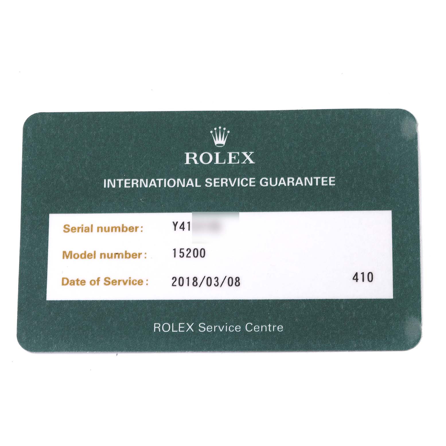 The image shows an international service guarantee card for a Rolex Date 15200 Men
s Stainless Steel Black Dial 15200 Men
s Stainless Steel Black Dial model 15200.
