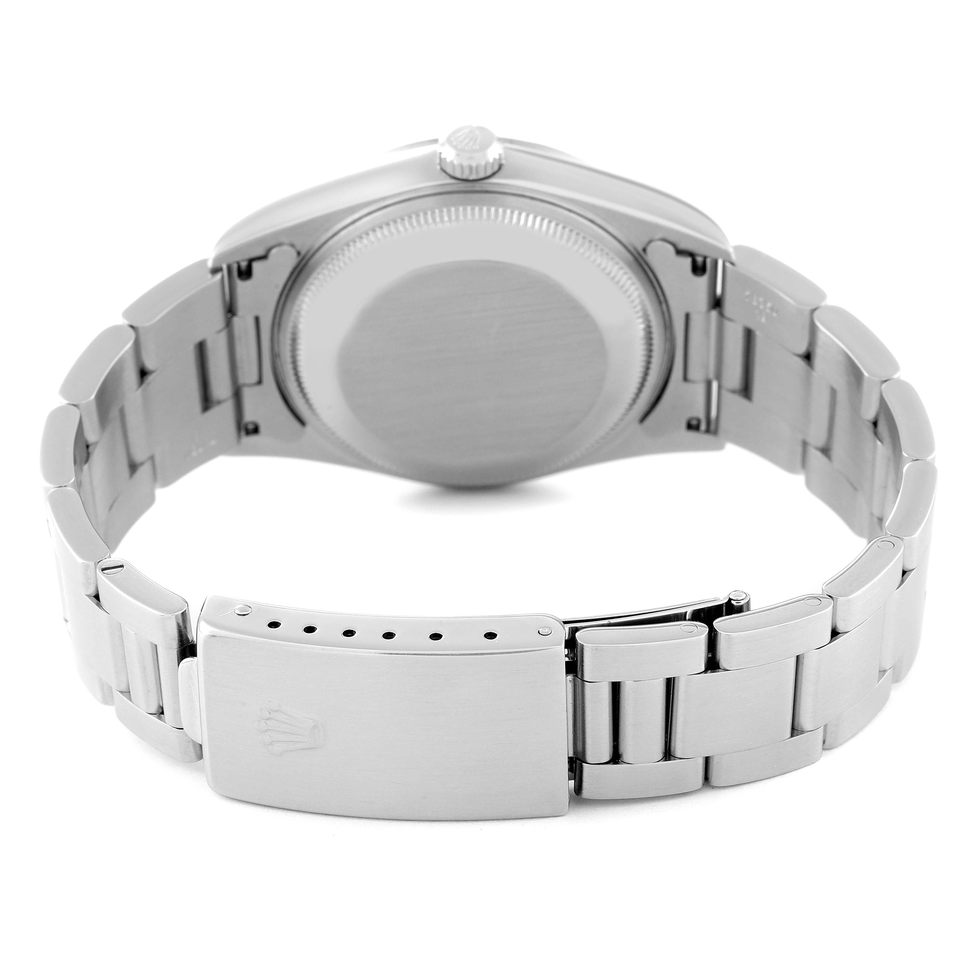 The image shows the backside and clasp of a Rolex Date 15200 Men
s Stainless Steel Black Dial 15200 Men
s Stainless Steel Black Dial model watch, highlighting its bracelet and case back.