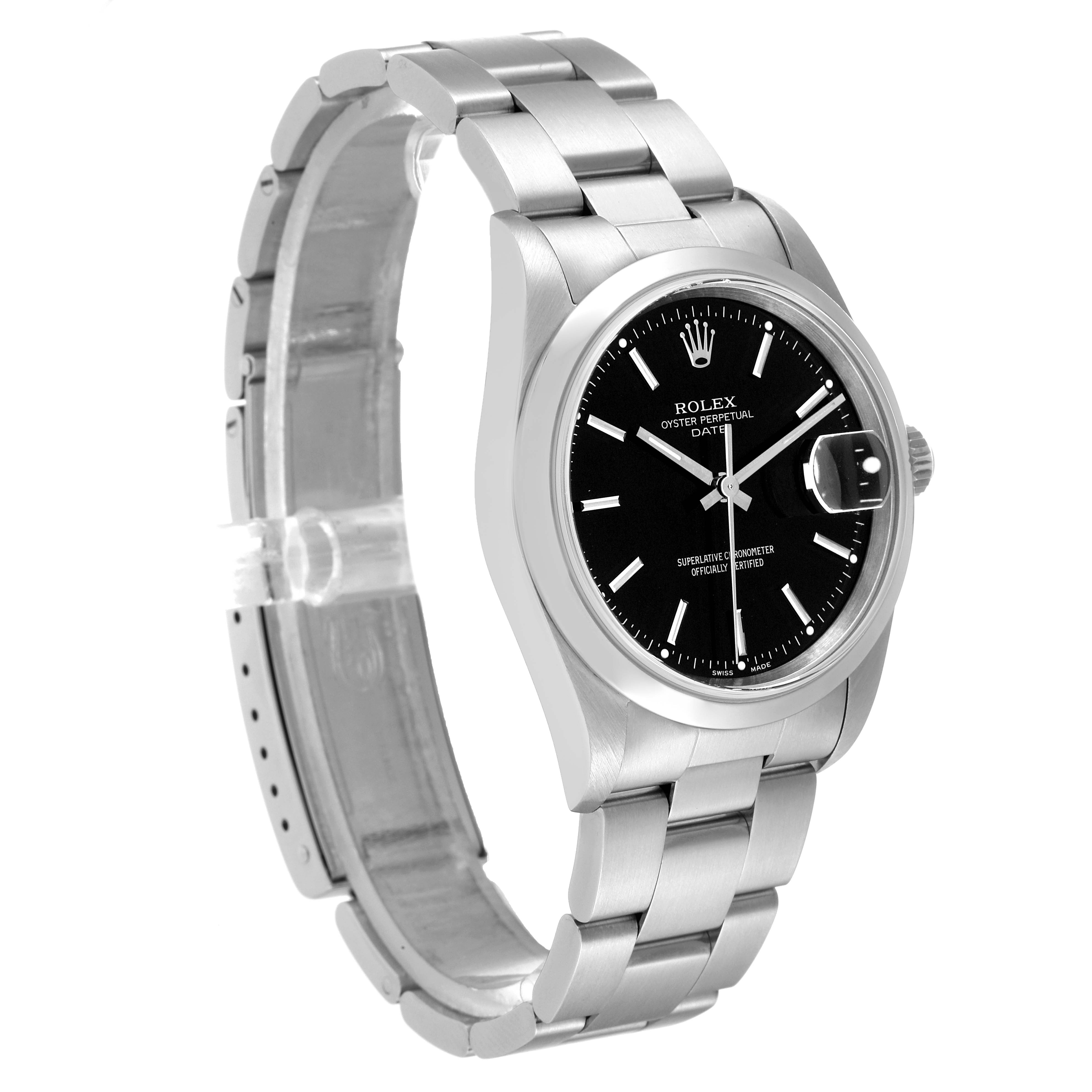 The Rolex Date 15200 Men
s Stainless Steel Black Dial 15200 Men
s Stainless Steel Black Dial wristwatch is shown at an angled side view, displaying its black dial, stainless steel bracelet, and Oyster case.