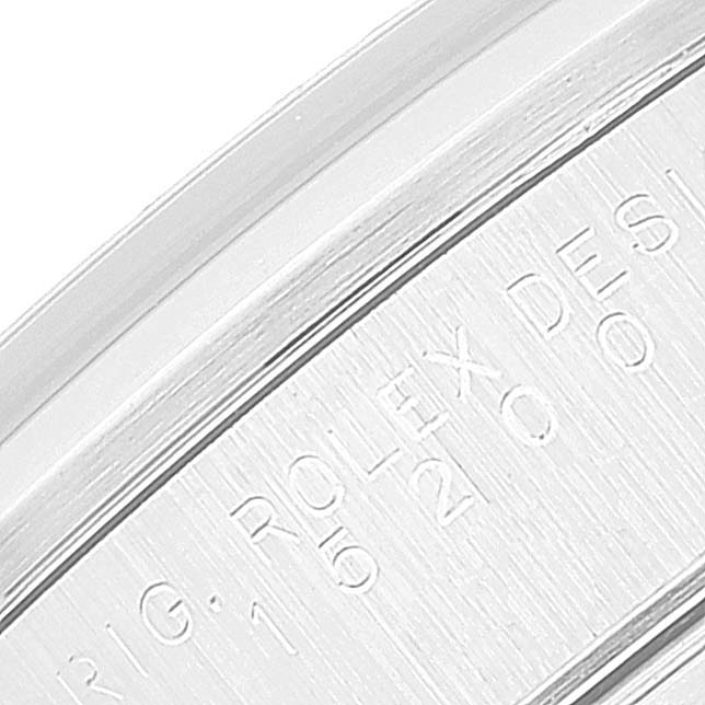 The image shows a close-up of the side engraving on the Rolex Date 15200 Men
s Stainless Steel Black Dial 15200 Men
s Stainless Steel Black Dial model, highlighting the "ROLEX DESIGN" text.