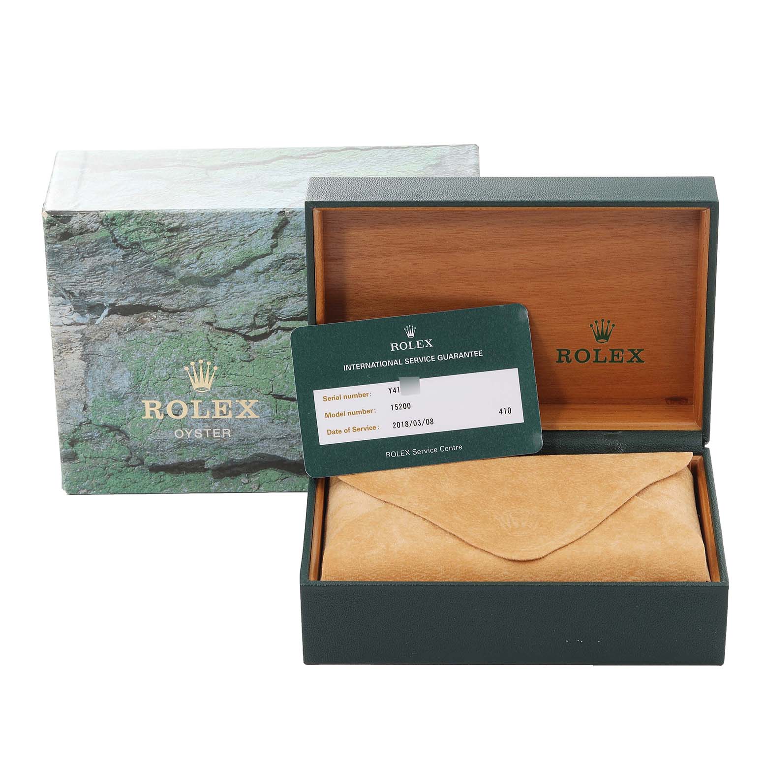 The image shows the packaging for a Rolex Date 15200 Men
s Stainless Steel Black Dial 15200 Men
s Stainless Steel Black Dial model, including the box, pouch, and an international service guarantee card.