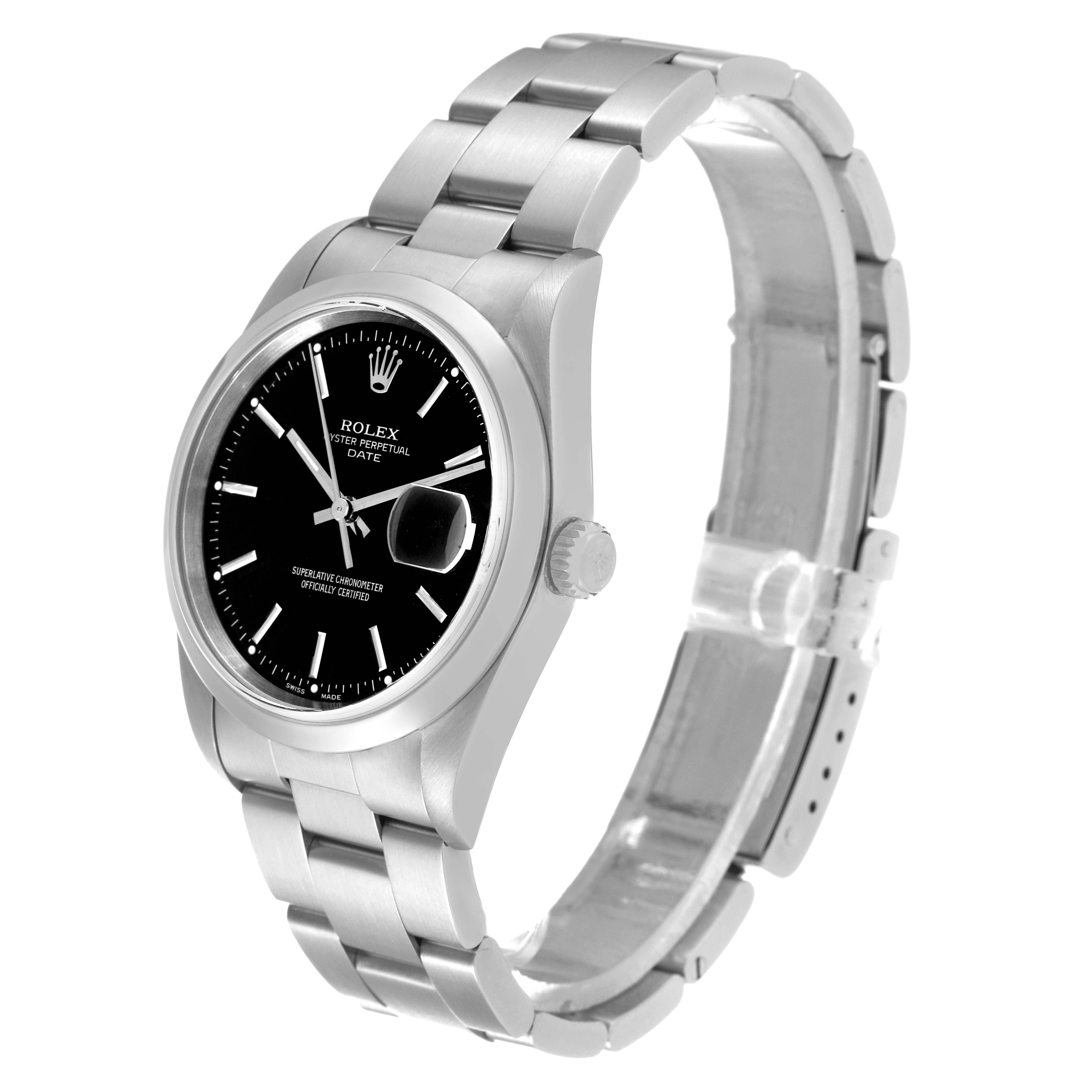 The image shows a Rolex Date 15200 Men
s Stainless Steel Black Dial 15200 Men
s Stainless Steel Black Dial model watch angled slightly to the right, showcasing the face, bracelet, and crown.