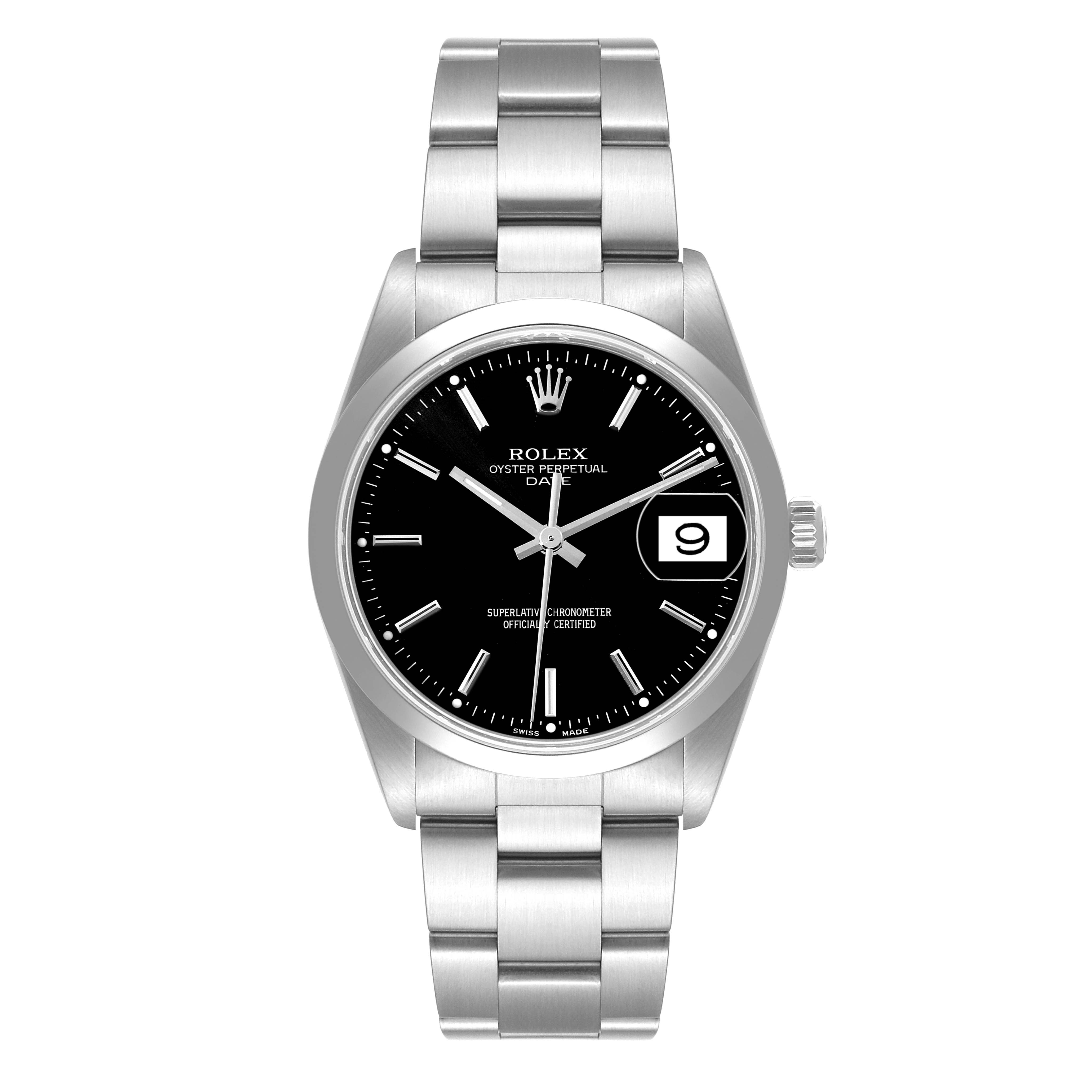 This image shows a Rolex Date 15200 Men
s Stainless Steel Black Dial 15200 Men
s Stainless Steel Black Dial model watch, featuring its face, bezel, case, bracelet, and crown from a straight-on angle.