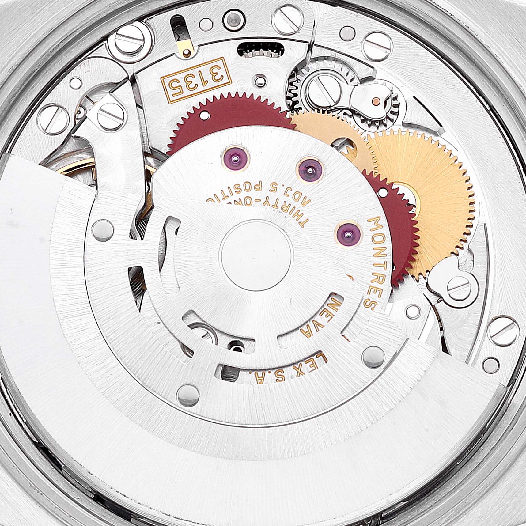 The image shows an up-close view of the inner mechanical movement of a Rolex Date 15200 Men
s Stainless Steel Black Dial 15200 Men
s Stainless Steel Black Dial model watch, highlighting gears and other internal components.