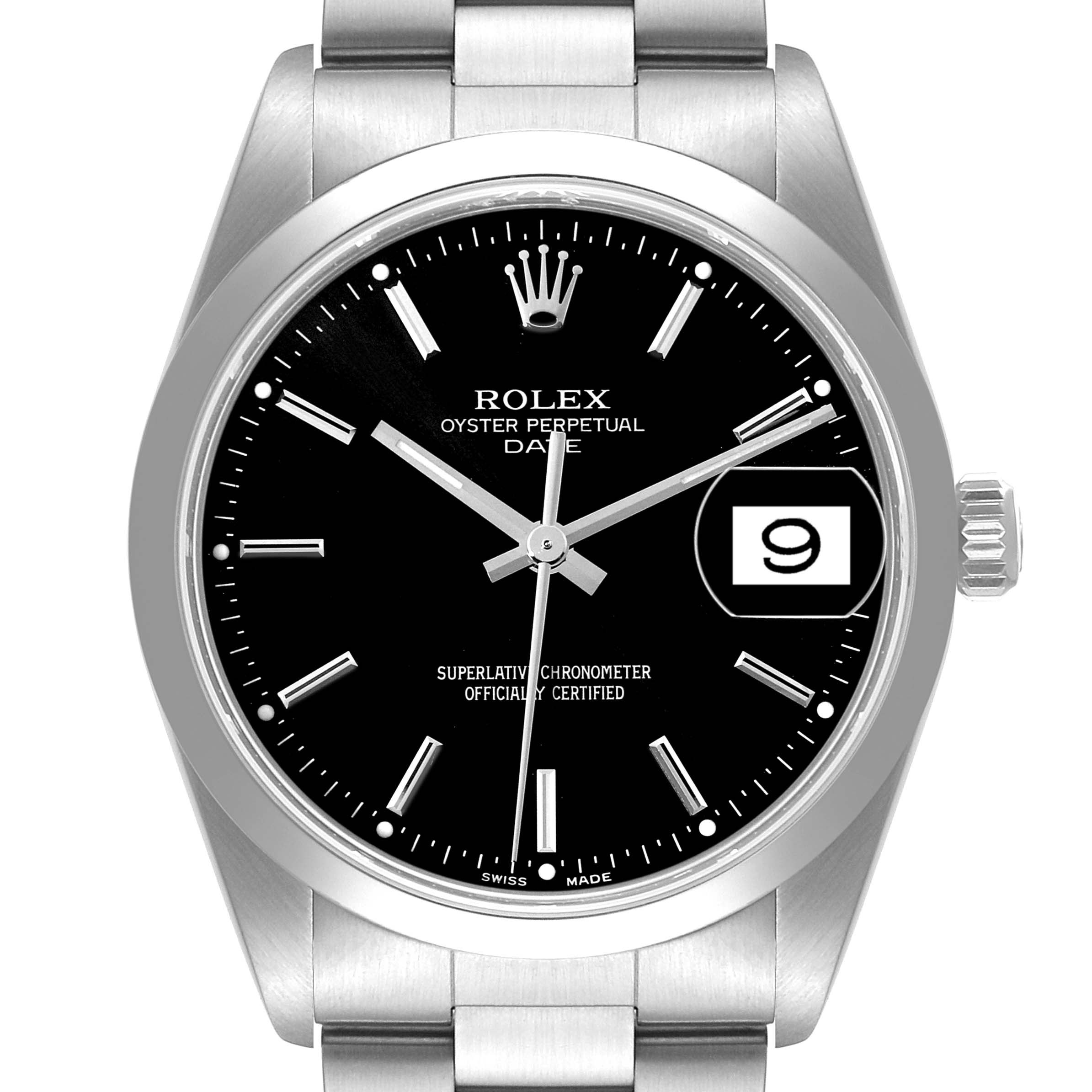 The image shows a front view of a Rolex Date 15200 Men
s Stainless Steel Black Dial 15200 Men
s Stainless Steel Black Dial model watch, featuring a black dial, silver markers, and a date display.