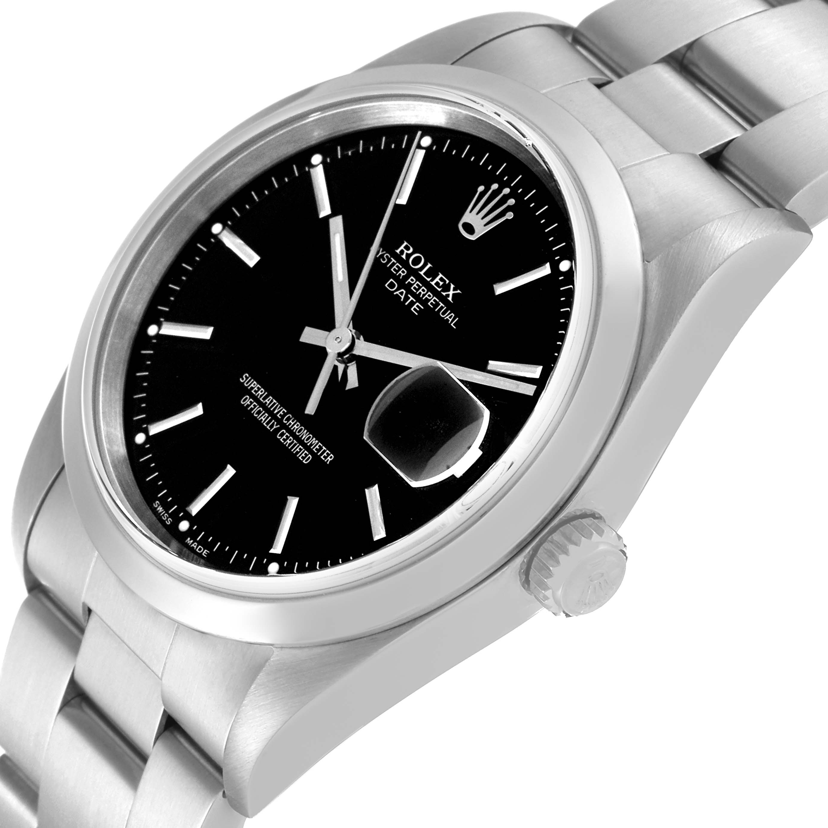 The Rolex Date 15200 Men
s Stainless Steel Black Dial 15200 Men
s Stainless Steel Black Dial model watch is shown at an angled top view, displaying the dial, crown, and part of the bracelet.