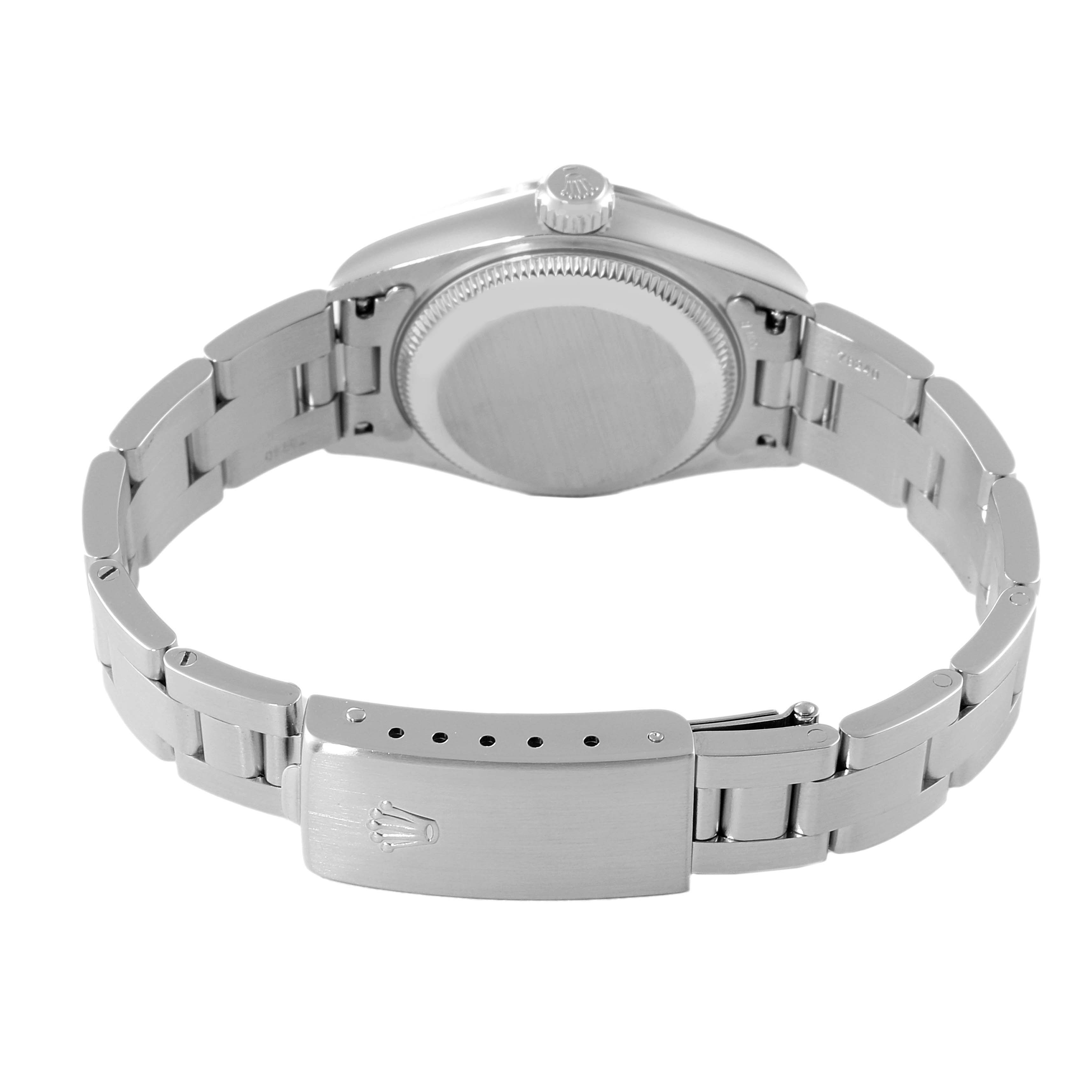 The image shows the back case, crown, and bracelet of a Rolex Date 79160 Women's Stainless Steel Silver Dial 79160 Women's Stainless Steel Silver Dial model watch from a rear angle.