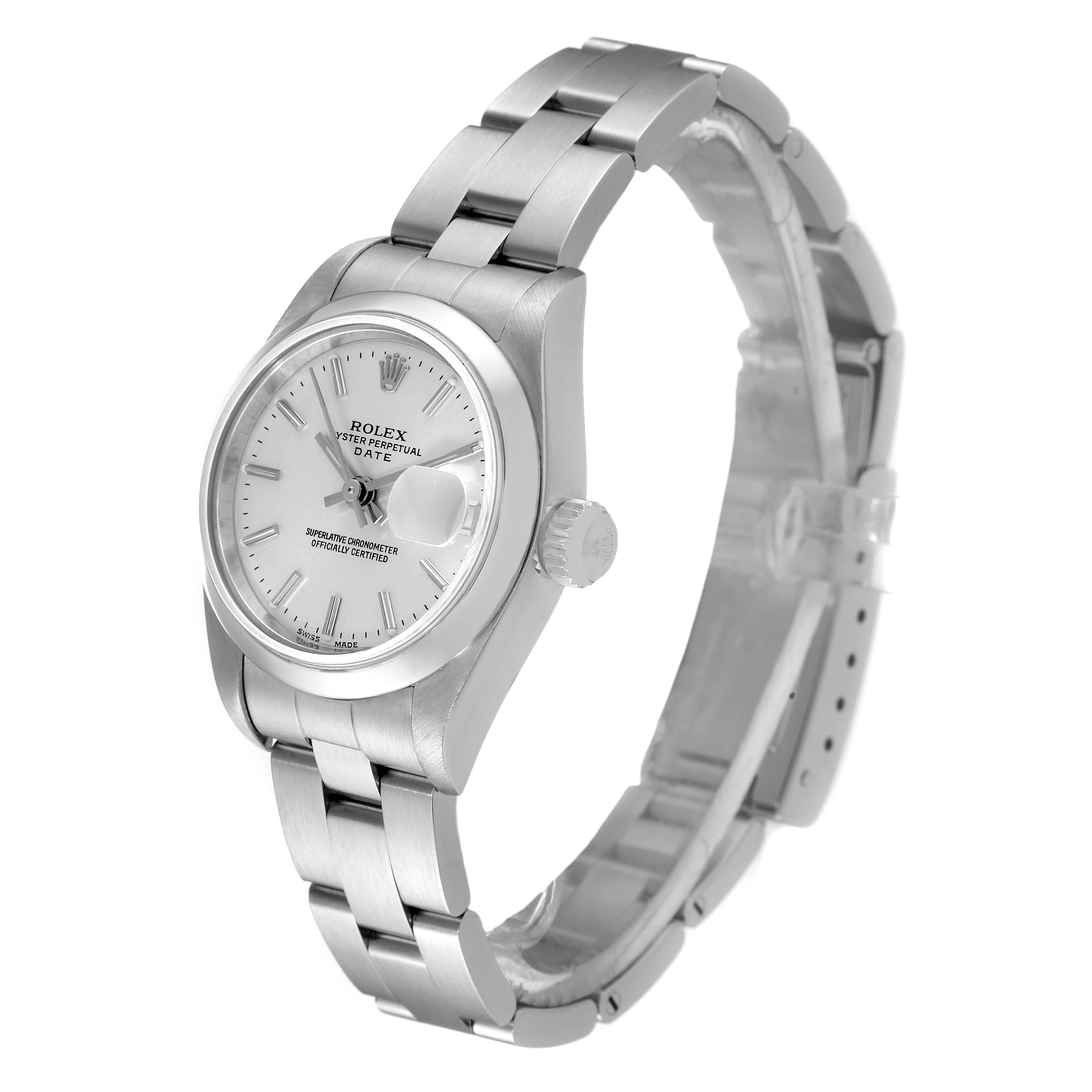 The image shows a side angle of a Rolex Date 79160 Women's Stainless Steel Silver Dial 79160 Women's Stainless Steel Silver Dial model watch, including its dial, bezel, and metal bracelet.
