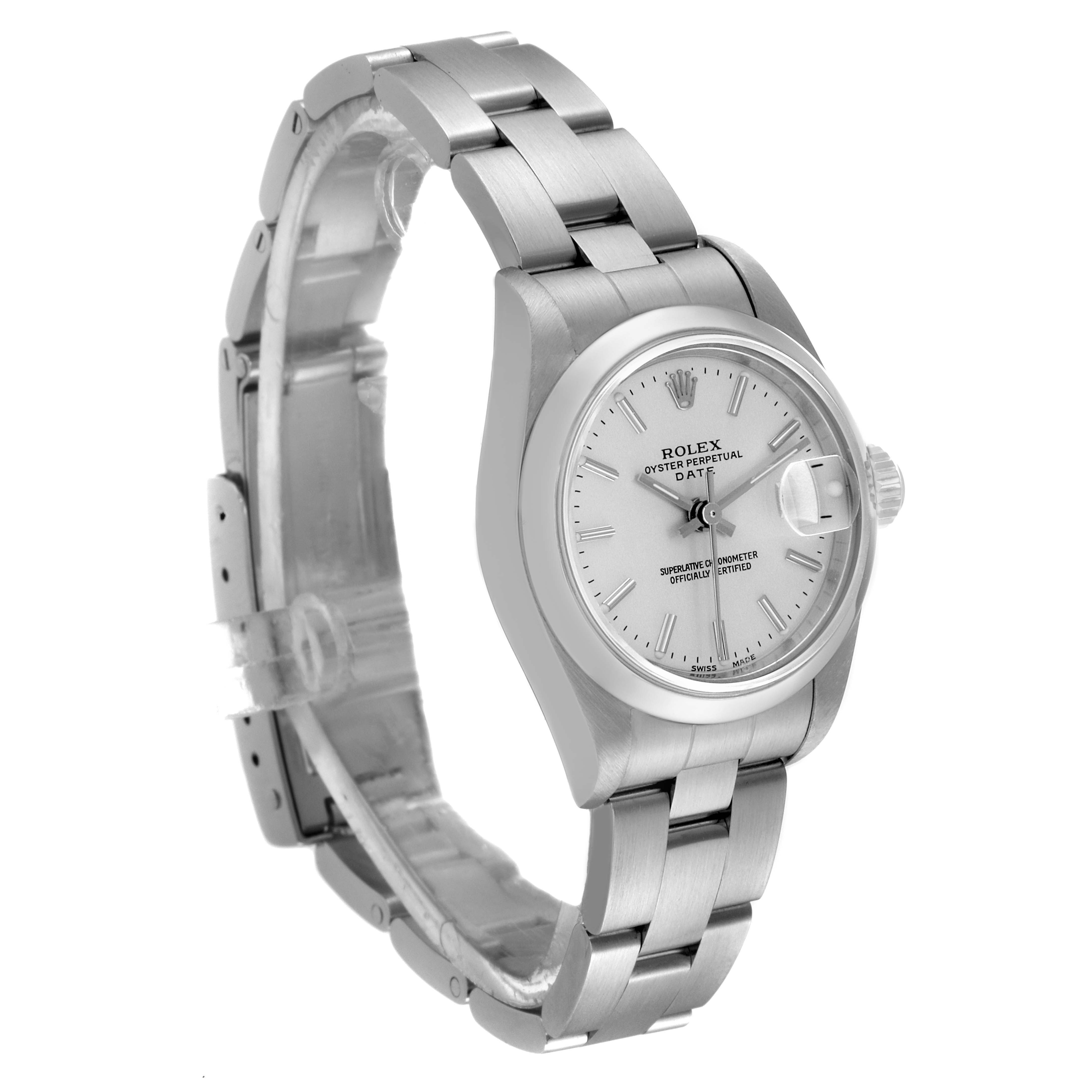 This image shows a Rolex Date 79160 Women's Stainless Steel Silver Dial 79160 Women's Stainless Steel Silver Dial model watch from a side angle highlighting the bracelet and face.