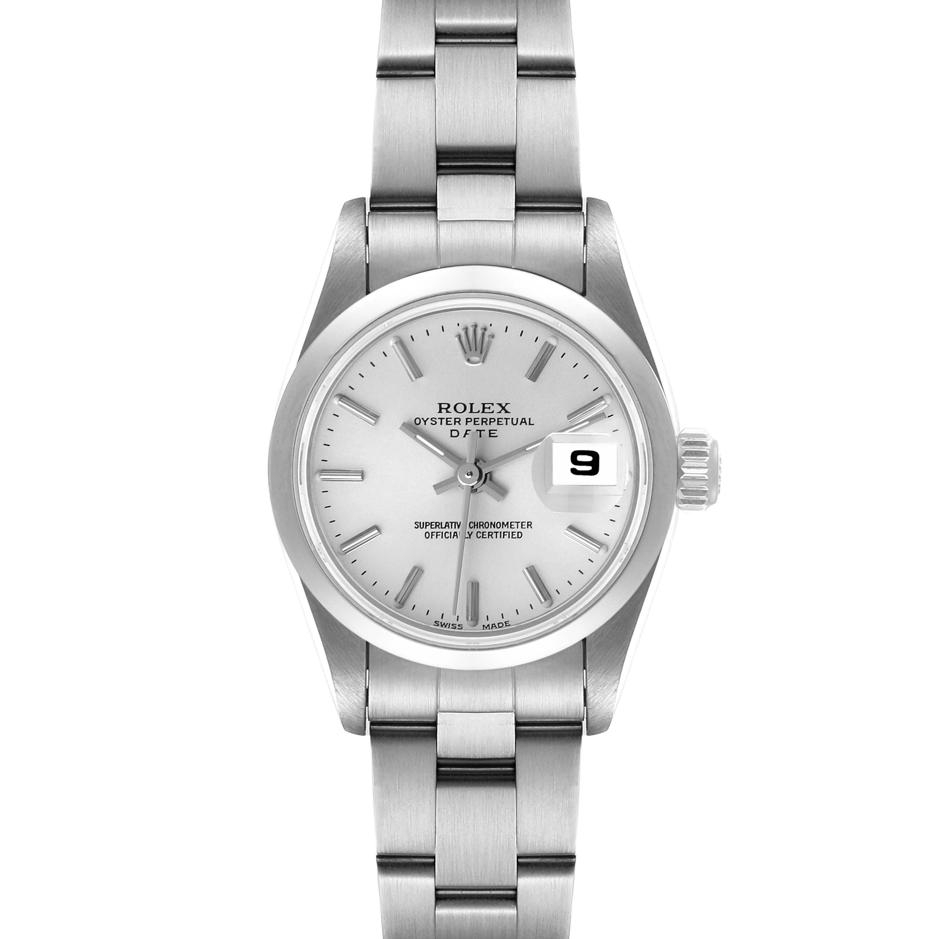 The image shows a front view of the Rolex Oyster Perpetual Date model, highlighting its dial, bracelet, and date window.