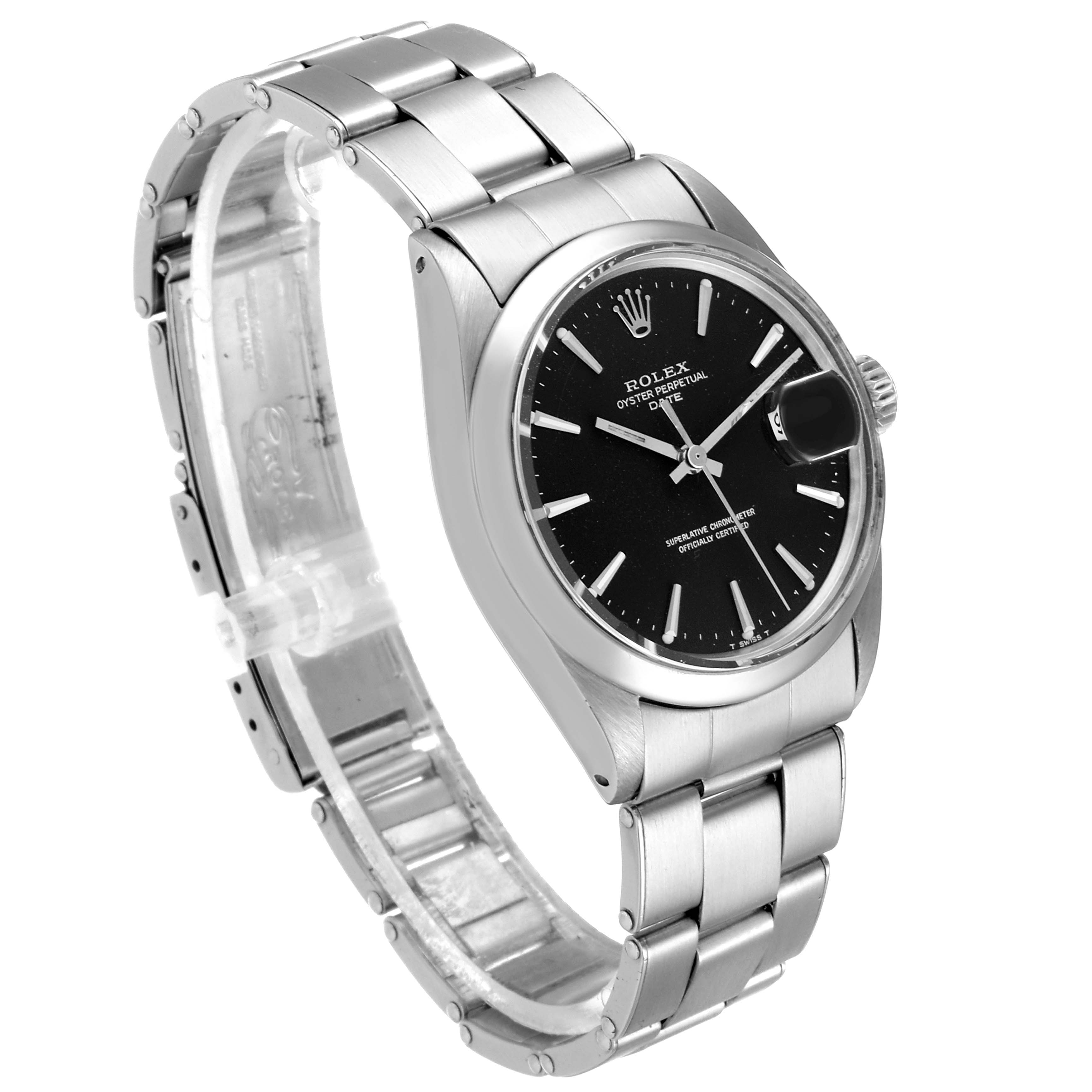 The Rolex Vintage Collection 1500 Men
s Stainless Steel Black Dial 1500 Men
s Stainless Steel Black Dial model is shown at a left-side angle displaying the watch face, bezel, bracelet, and crown.