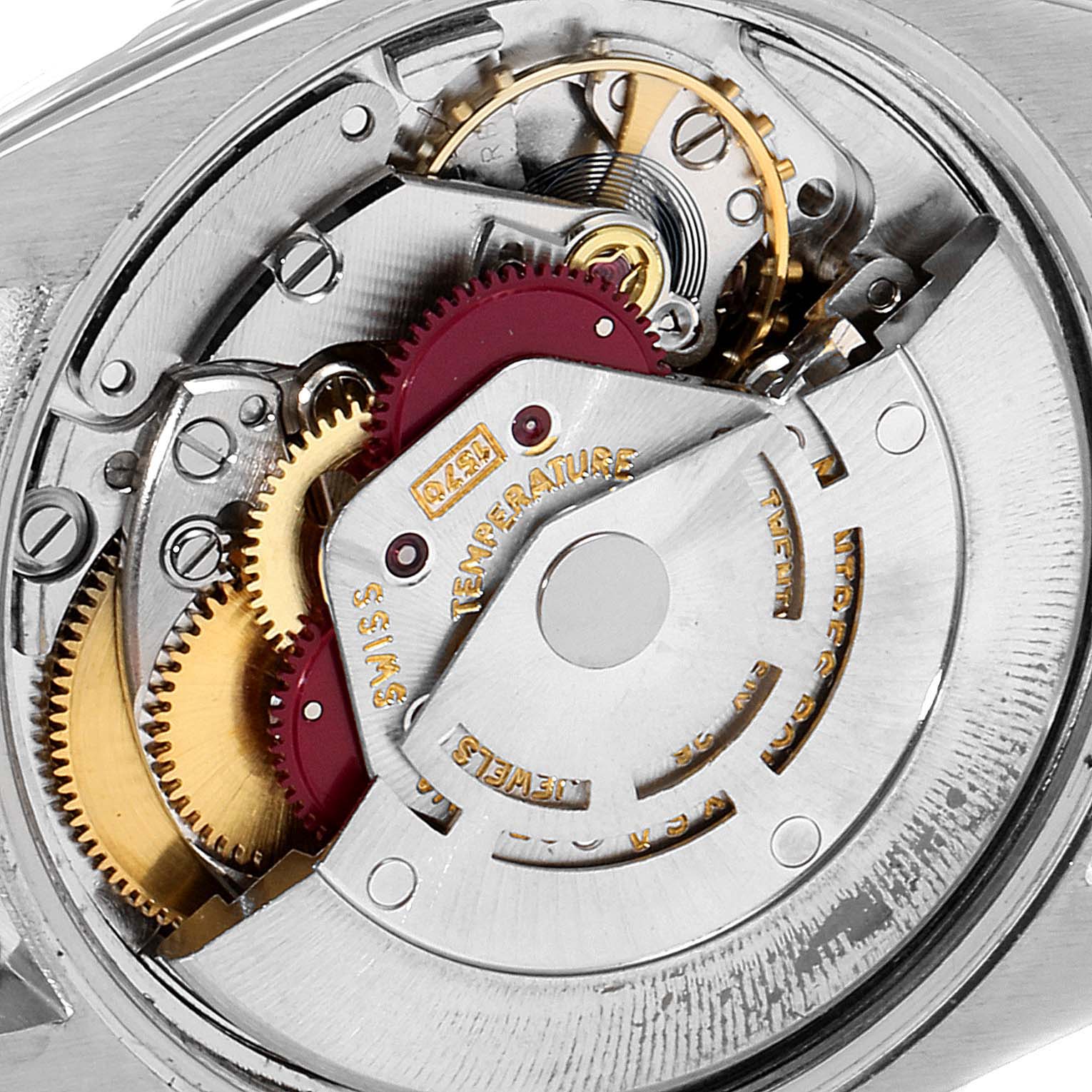 This image shows the intricate mechanical movement of the Rolex Vintage Collection 1500 Men
s Stainless Steel Black Dial 1500 Men
s Stainless Steel Black Dial model from a top-down angle.