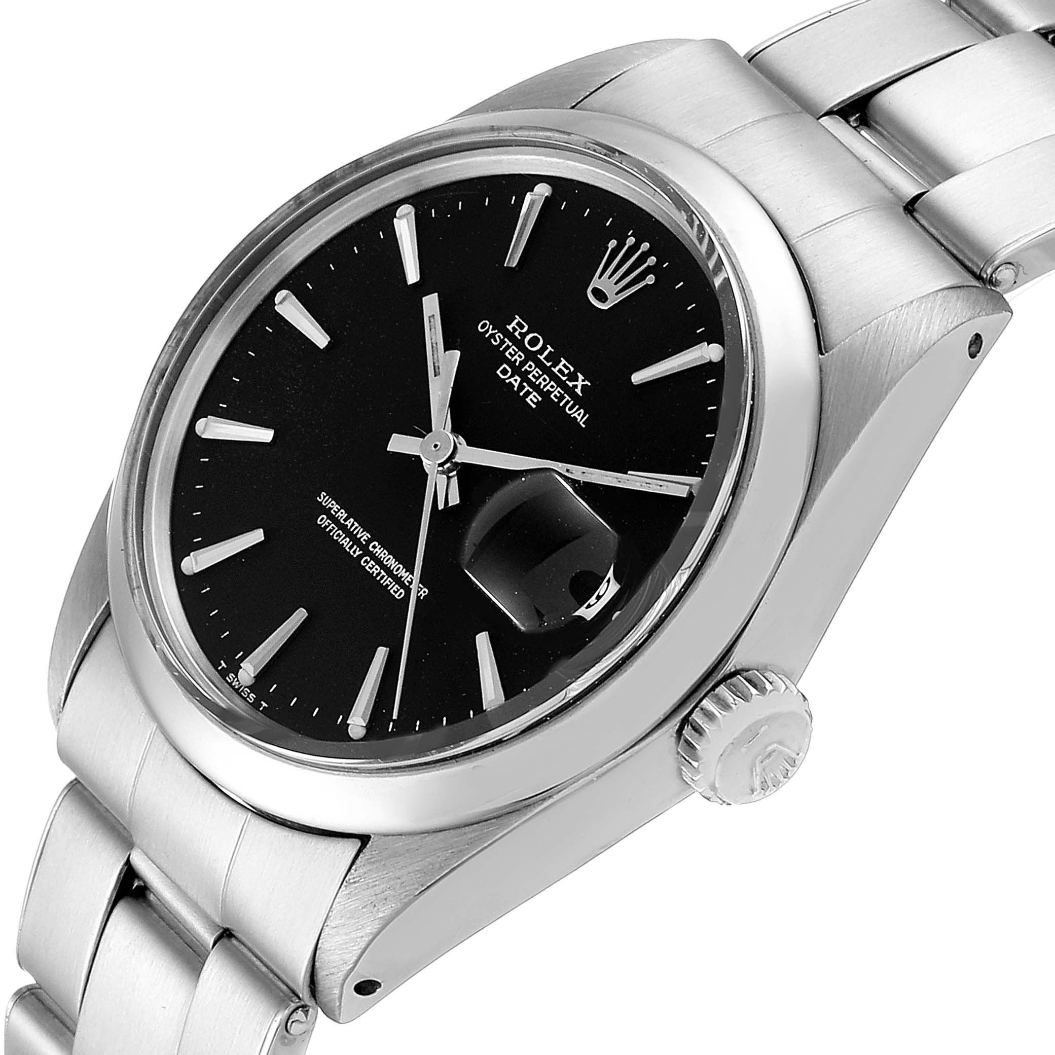 The Vintage Collection Rolex watch is shown at an angled side view highlighting the black dial, metal band, crown, and magnified date.