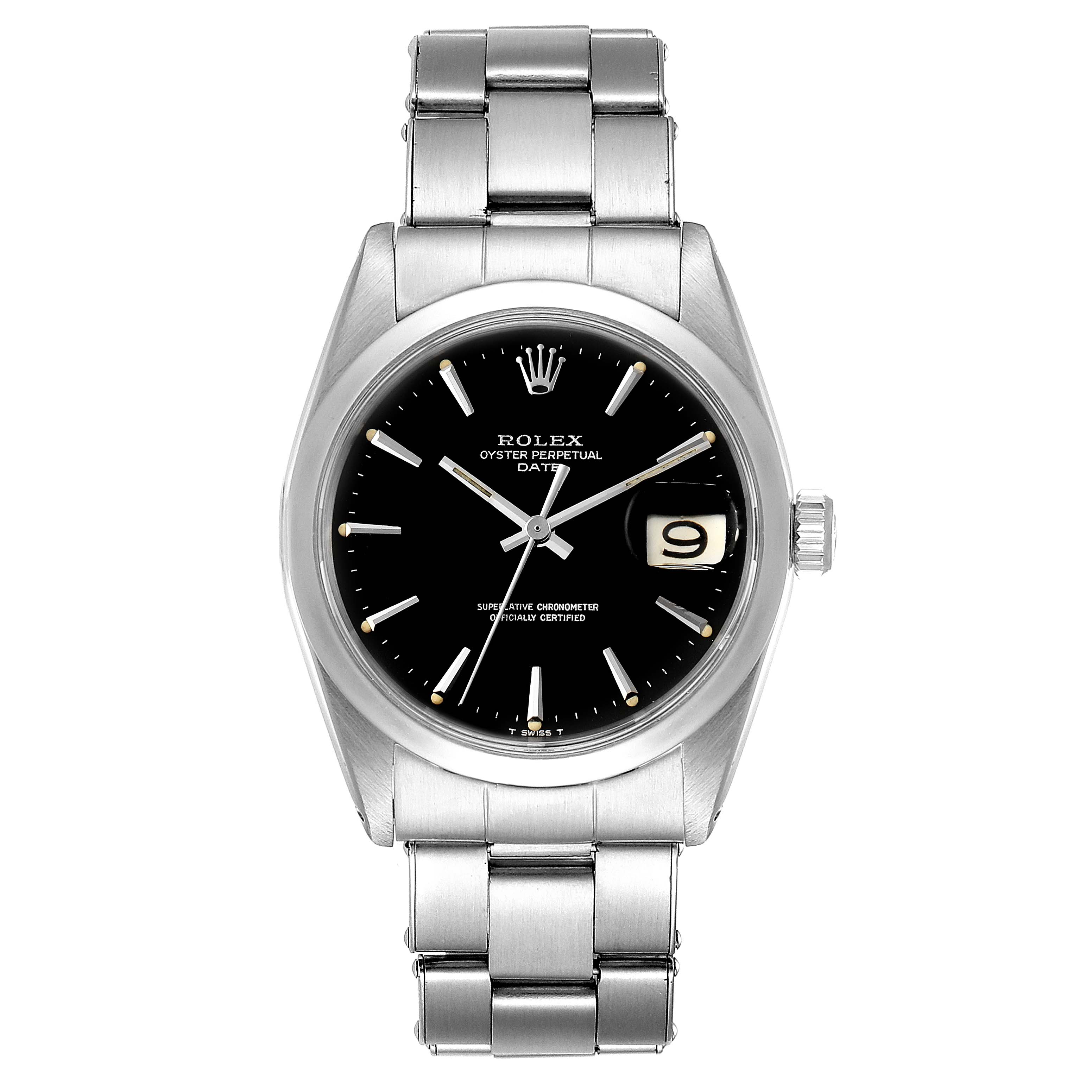 The image shows a front view of the Rolex Vintage Collection 1500 Men
s Stainless Steel Black Dial 1500 Men
s Stainless Steel Black Dial watch, highlighting the dial, bracelet, and date display.