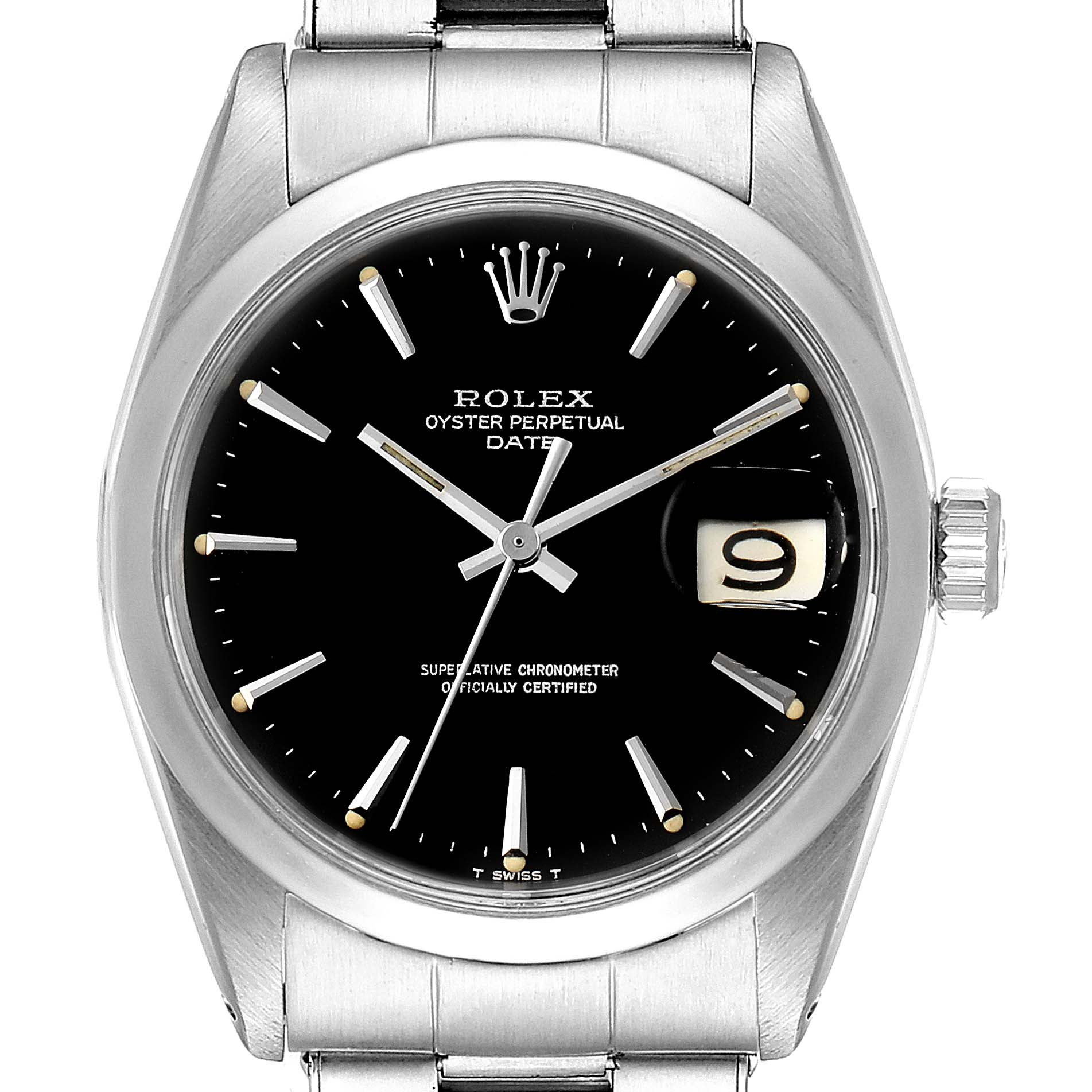 This image shows a close-up, front view of the Rolex Vintage Collection 1500 Men
s Stainless Steel Black Dial 1500 Men
s Stainless Steel Black Dial Oyster Perpetual Date with a black dial and stainless steel bracelet.