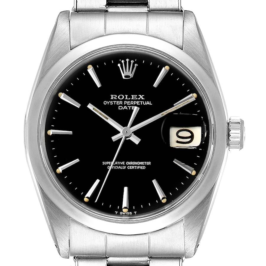 Rolex Date Smooth Bezel Black Dial Steel Vintage Mens Watch 1500 SwissWatchExpo