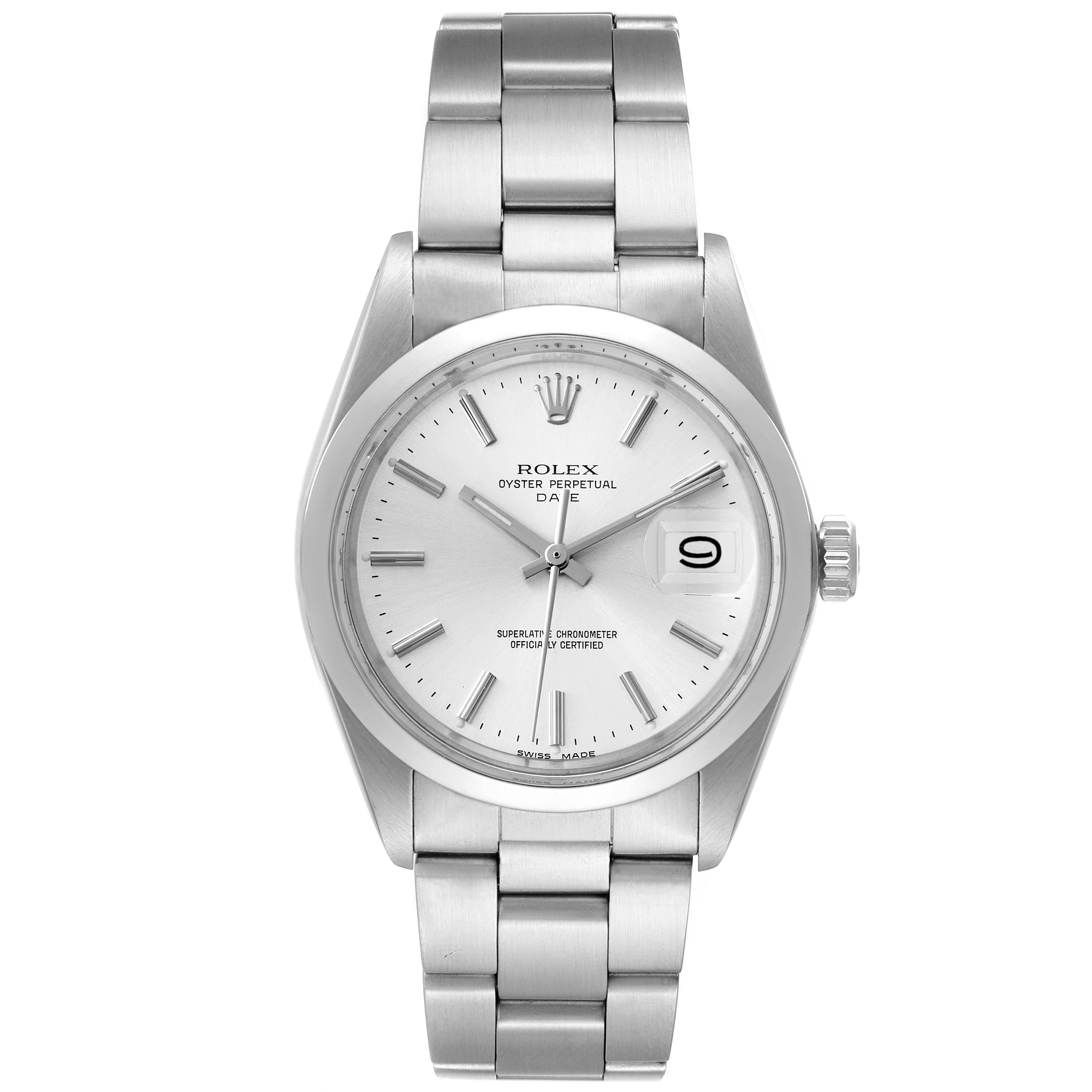 The image shows a front view of a Rolex Vintage Collection 1500 Men
s Stainless Steel Silver Dial 1500 Men
s Stainless Steel Silver Dial model, displaying the watch face, hands, crown, and bracelet.