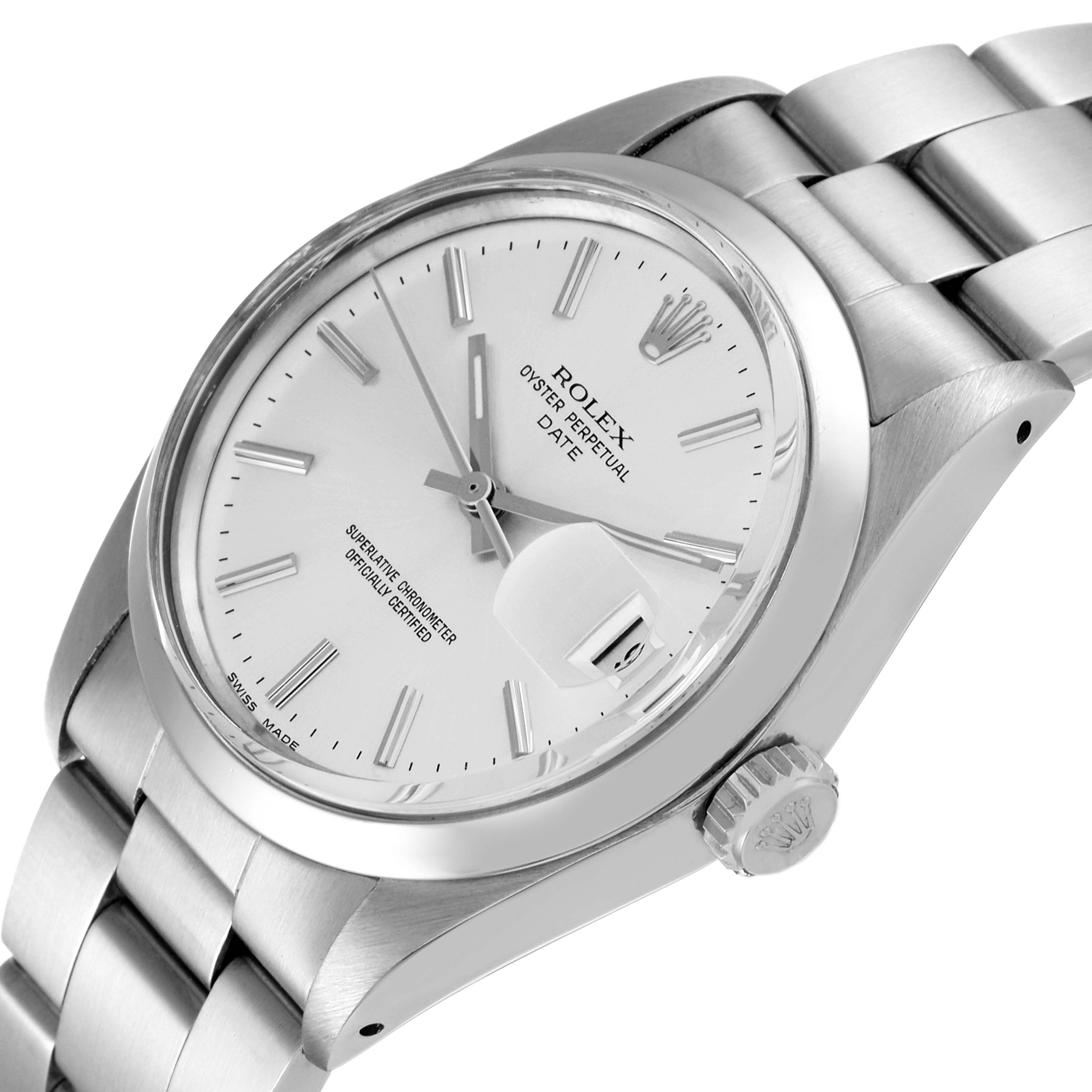 The image shows a close-up angled view of the watch face, bezel, bracelet, and crown of the Rolex Vintage Collection 1500 Men
s Stainless Steel Silver Dial 1500 Men
s Stainless Steel Silver Dial model.