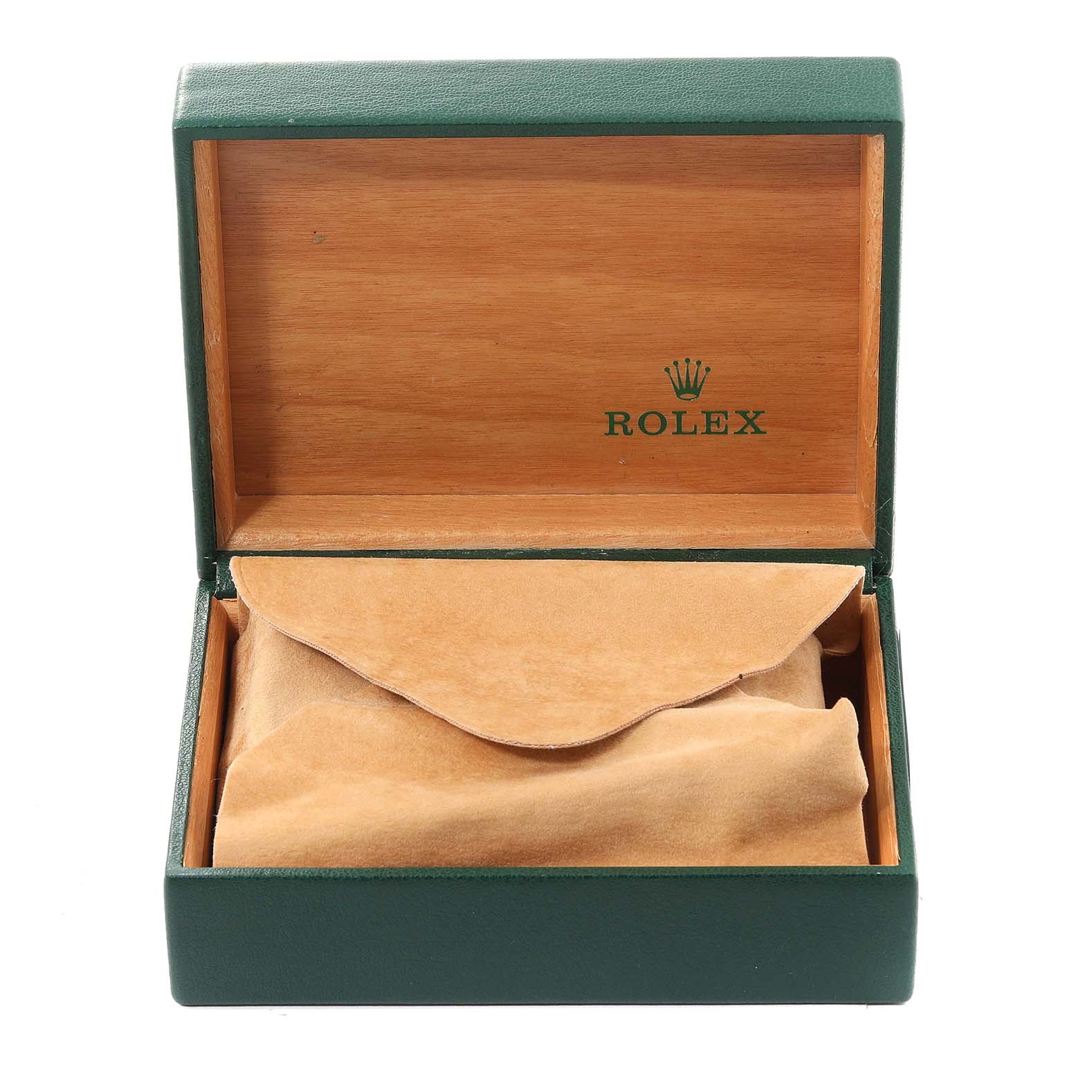 The image shows an open Rolex Vintage Collection 1500 Men
s Stainless Steel Silver Dial 1500 Men
s Stainless Steel Silver Dial watch box with a velvet pouch inside.