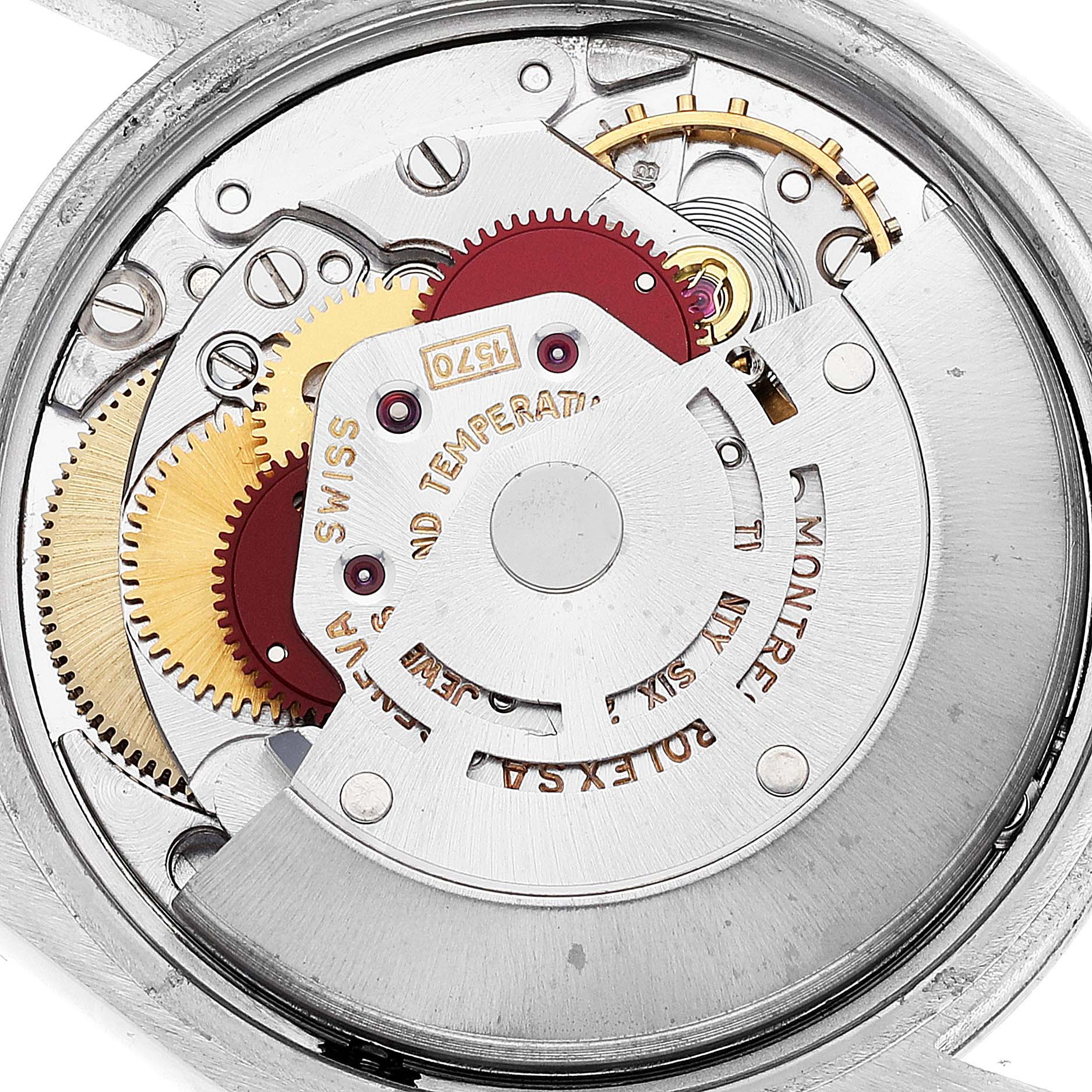 This image shows the intricate inner mechanism of a Rolex Vintage Collection 1500 Men
s Stainless Steel Silver Dial 1500 Men
s Stainless Steel Silver Dial model, focusing on gears and escapement parts.