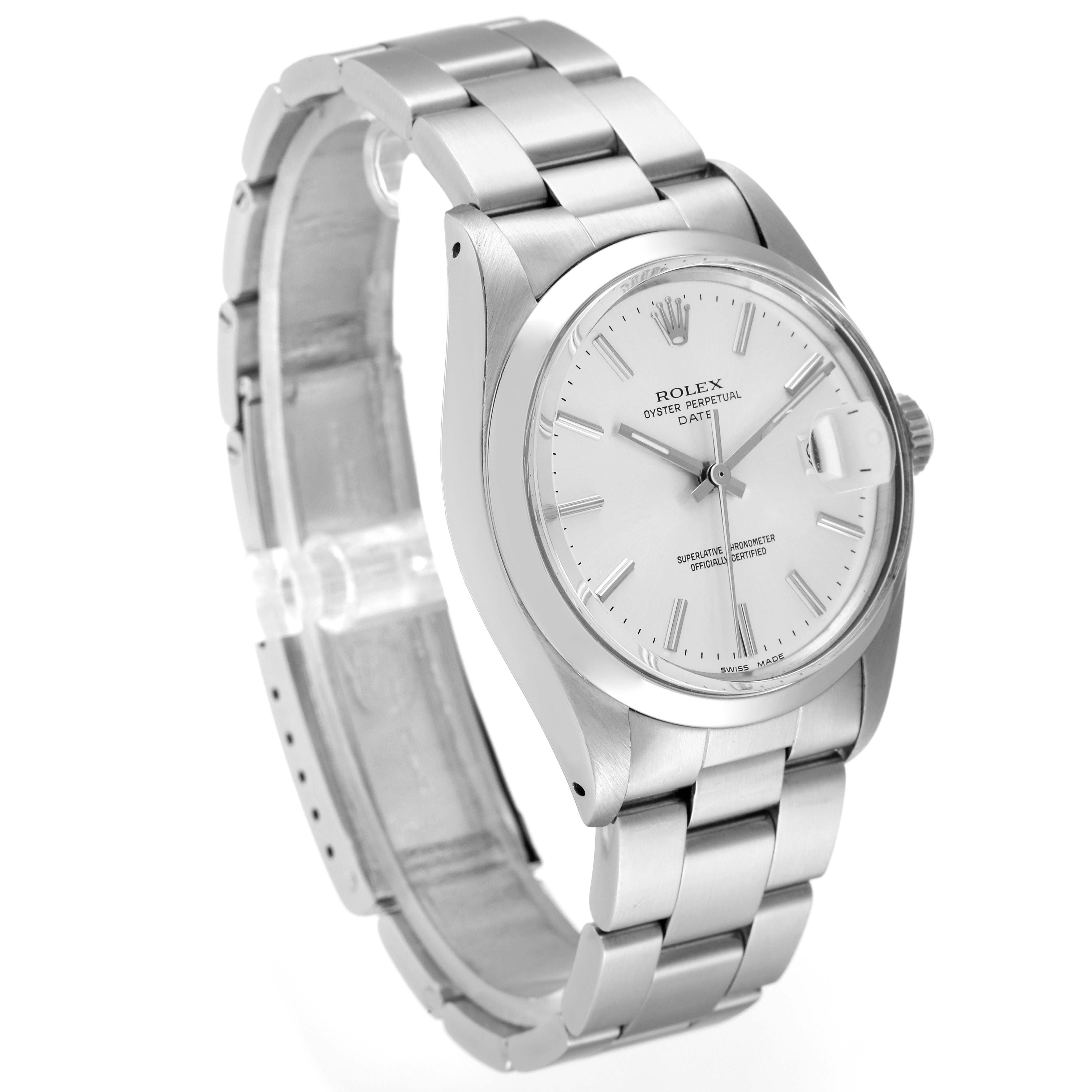 The image shows a side angle of a Rolex Vintage Collection 1500 Men
s Stainless Steel Silver Dial 1500 Men
s Stainless Steel Silver Dial watch, displaying its face, bracelet, and clasp.