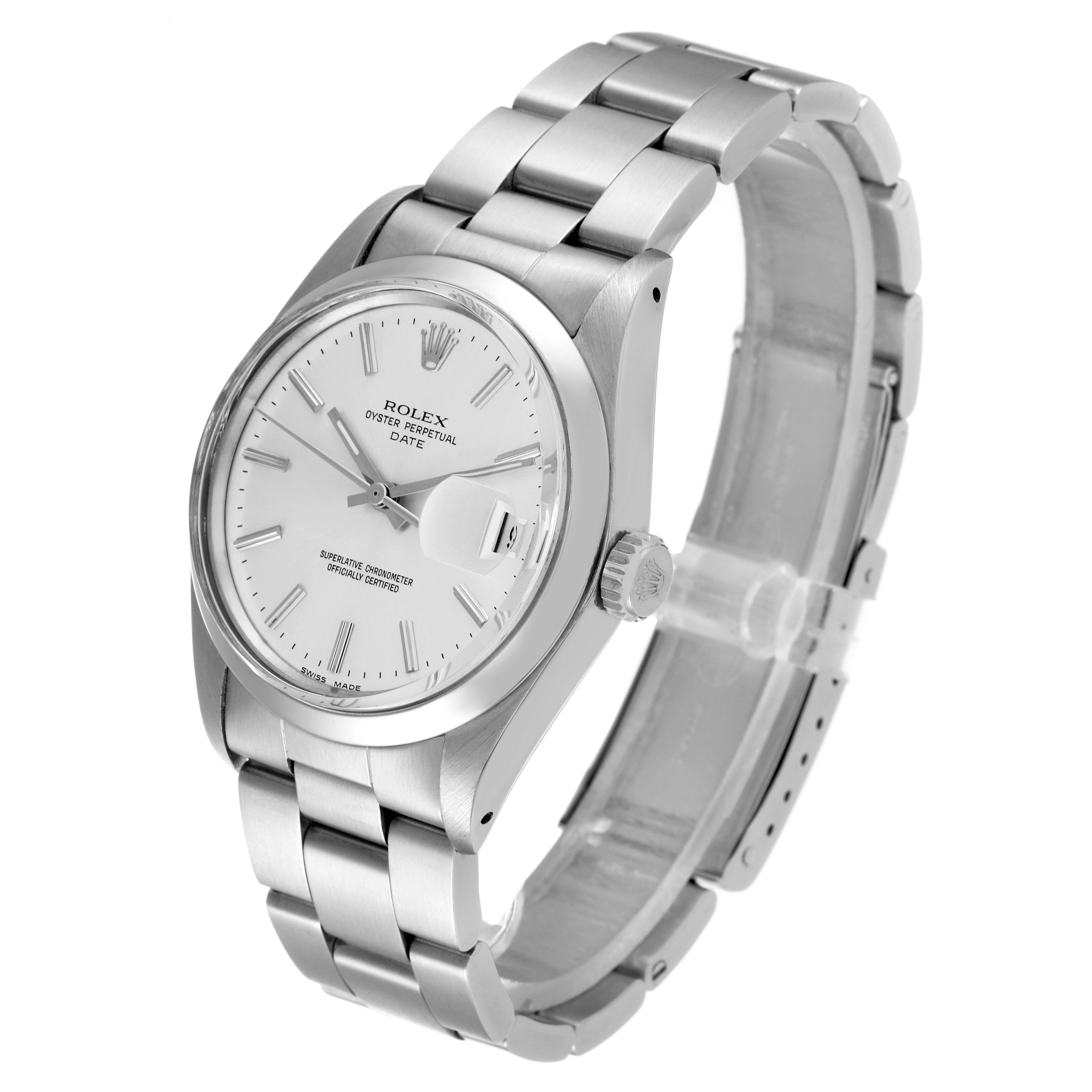The image shows a side view of the Rolex Vintage Collection 1500 Men
s Stainless Steel Silver Dial 1500 Men
s Stainless Steel Silver Dial watch, displaying its face, crown, and metal bracelet.