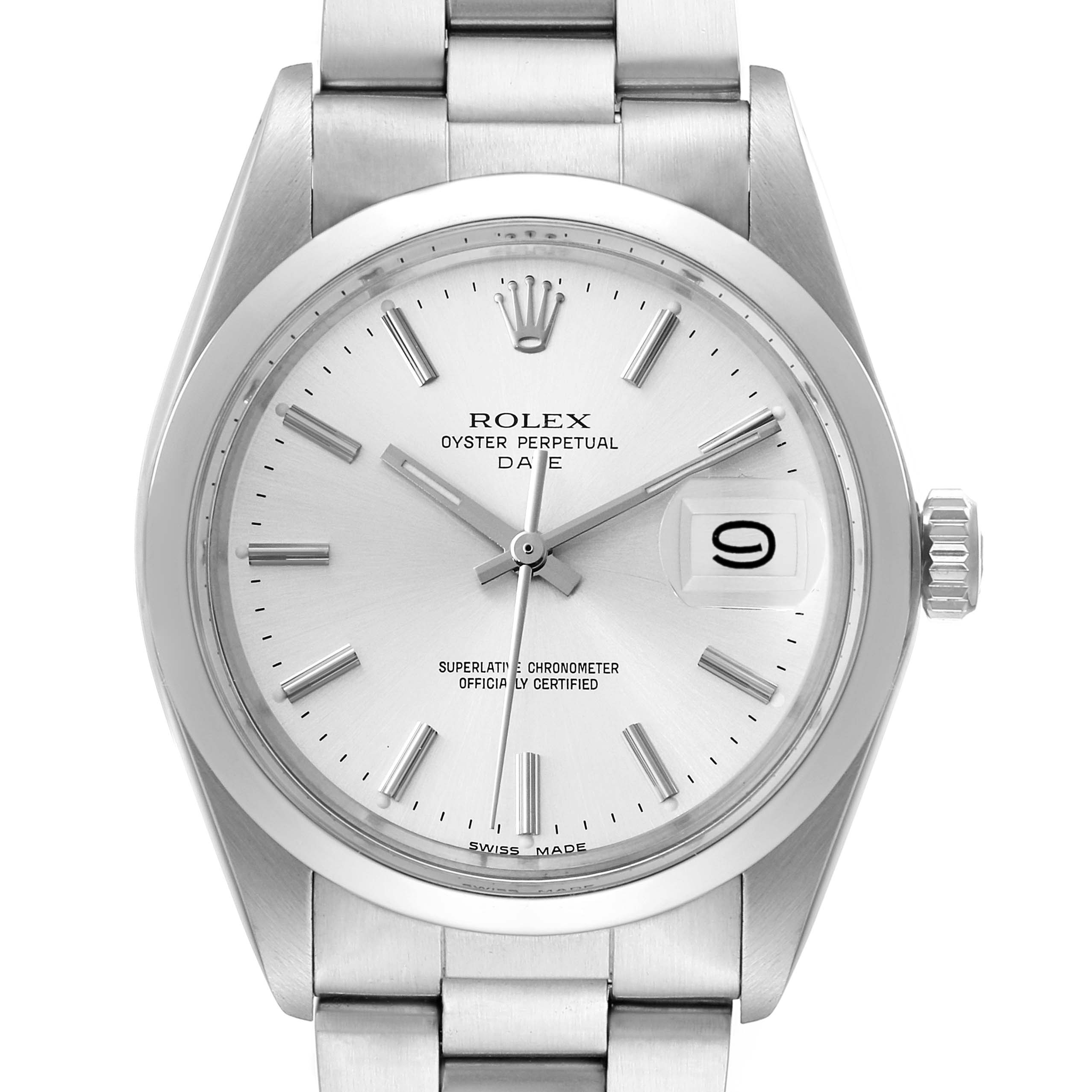 This image shows a front view of the Rolex Vintage Collection 1500 Men
s Stainless Steel Silver Dial 1500 Men
s Stainless Steel Silver Dial watch, highlighting its face, hour markers, date window, and stainless steel bracelet.