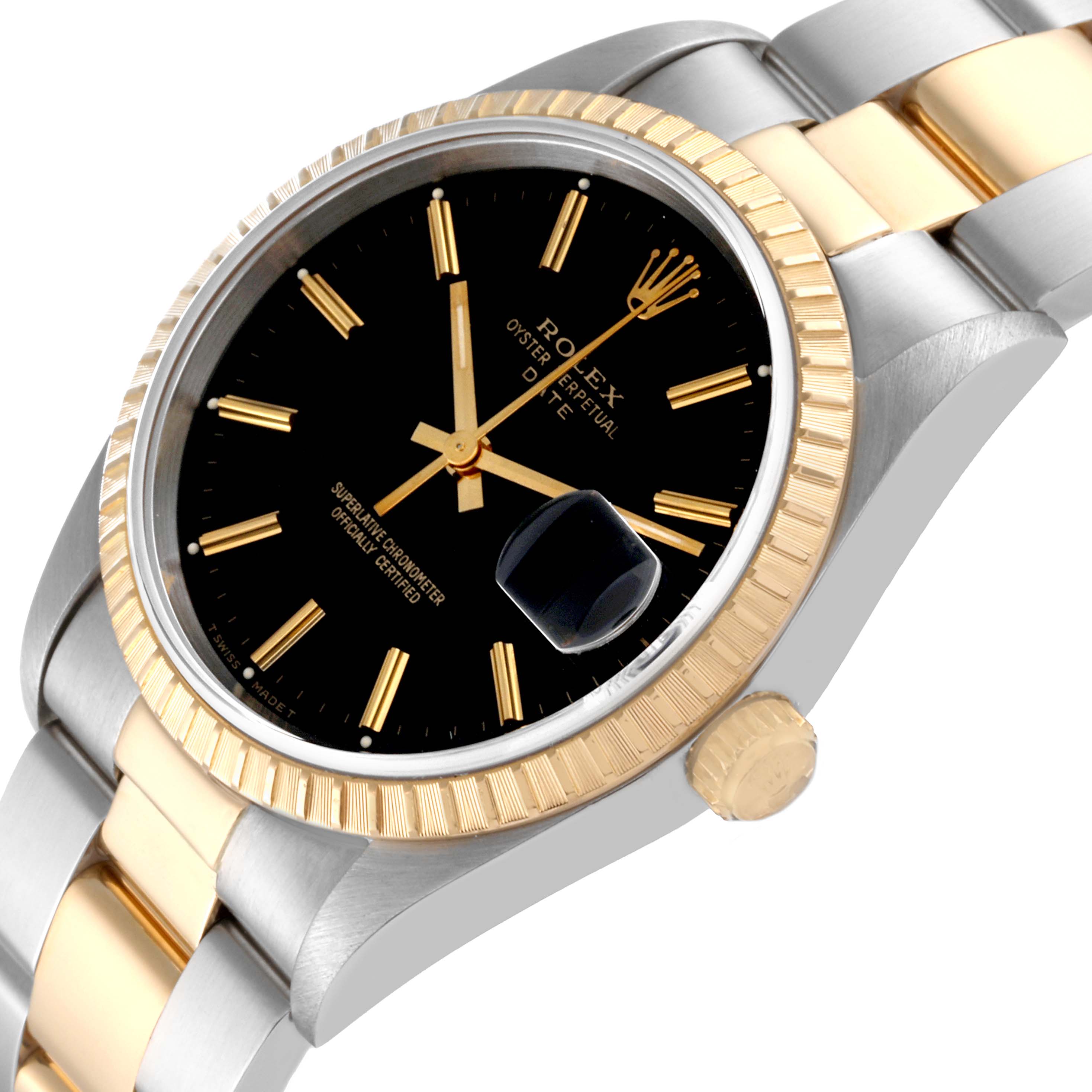 The image shows a Rolex Date 15223 Men's Steel and Gold (two tone) Black Dial 15223 Men's Steel and Gold (two tone) Black Dial model watch at an angled view, highlighting its black dial, gold markers, bezel, and part of the two-tone bracelet.